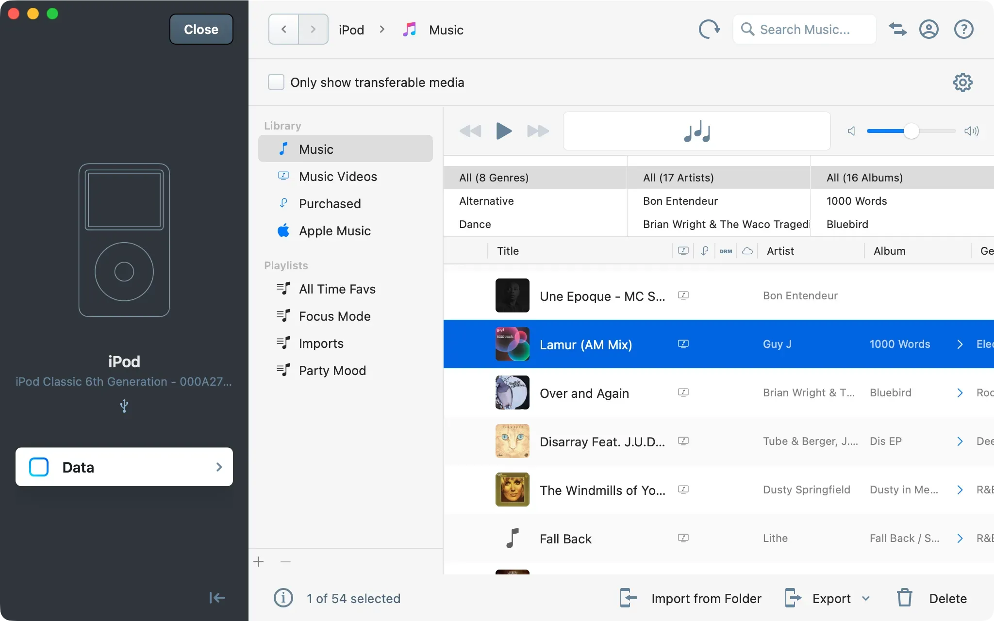 iMazing music transfer window showing an iPod Classic