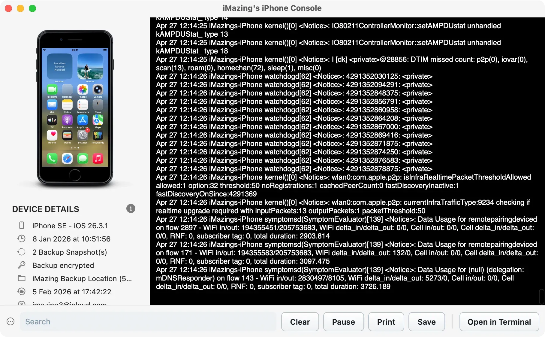 iMazing live console view
