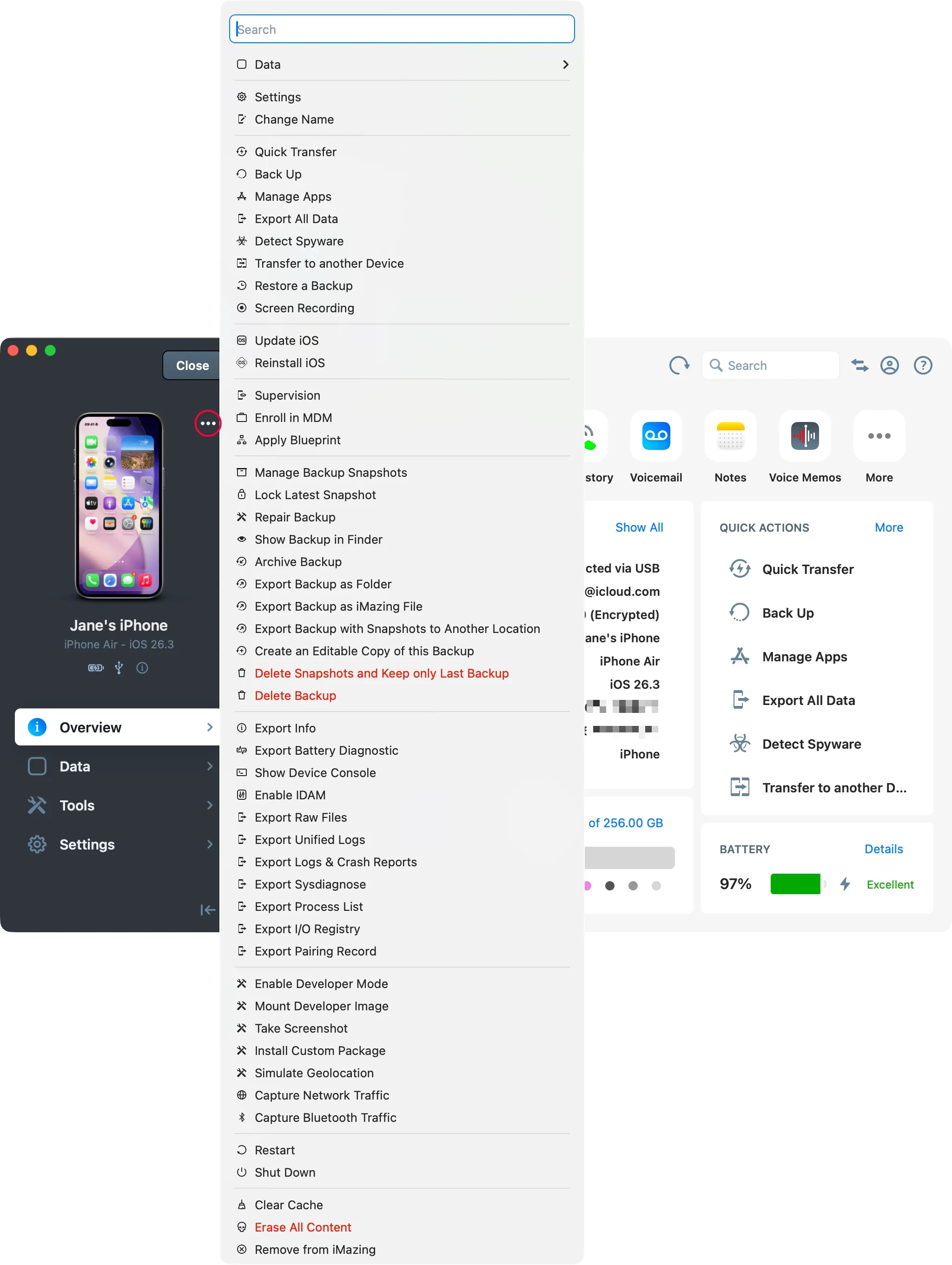 iMazing device overview with info open and highlighted 