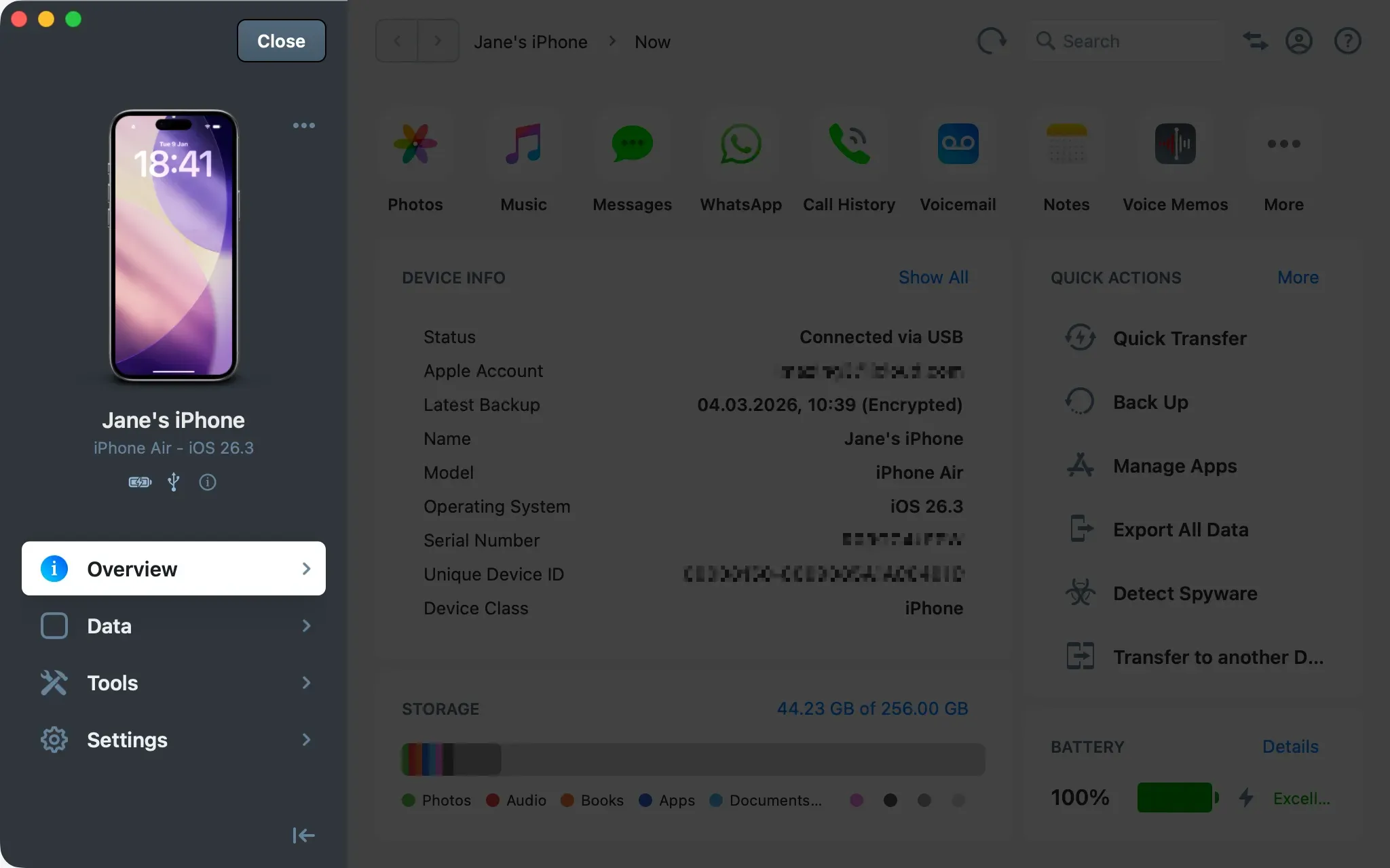 iMazing interface - Device Overview with sidebar highlighted