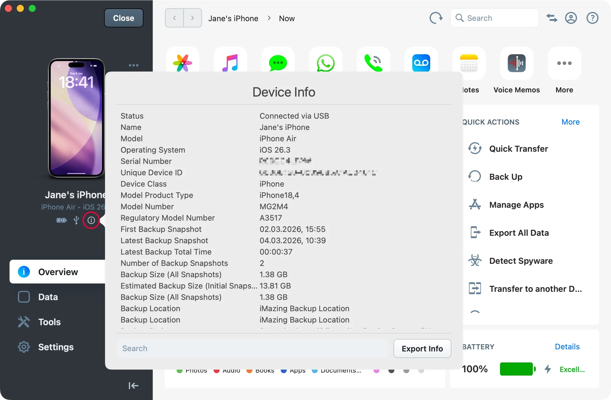 iMazing device overview with info open and highlighted