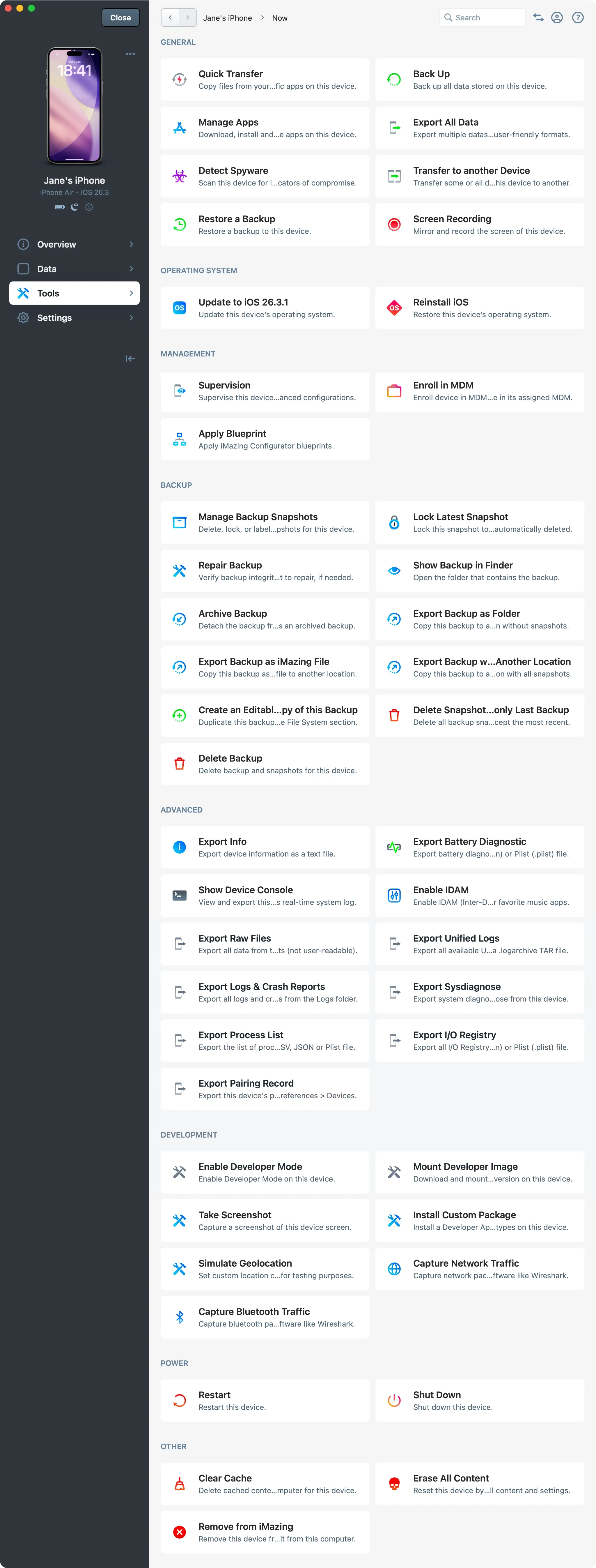 iMazing device tools section long view