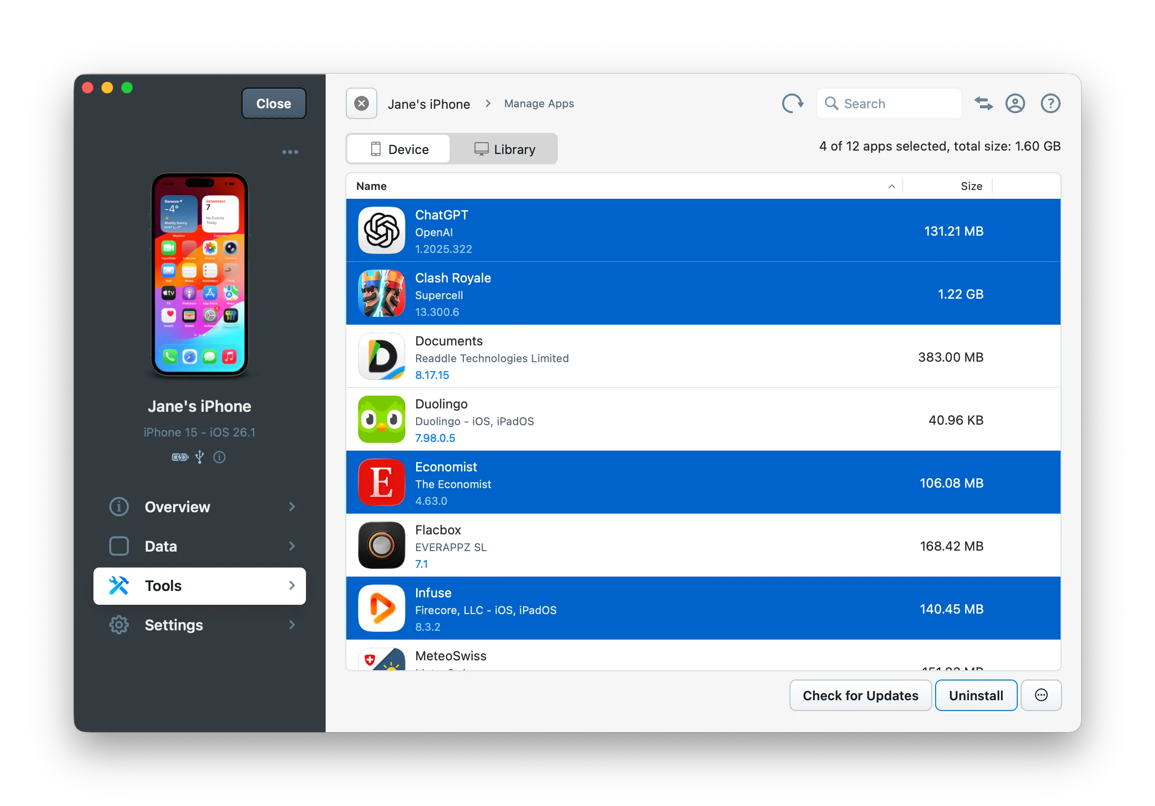 iMazing Manage Apps, Apps Selected
