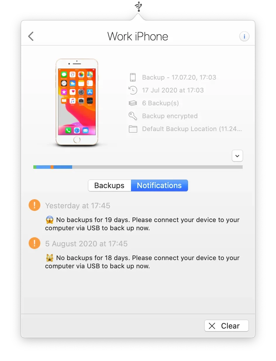 iMazing Mini — Notifications tab showing backup alerts for a paired device. Two overdue backup warnings are visible, each timestamped and flagging the number of days since the last backup.