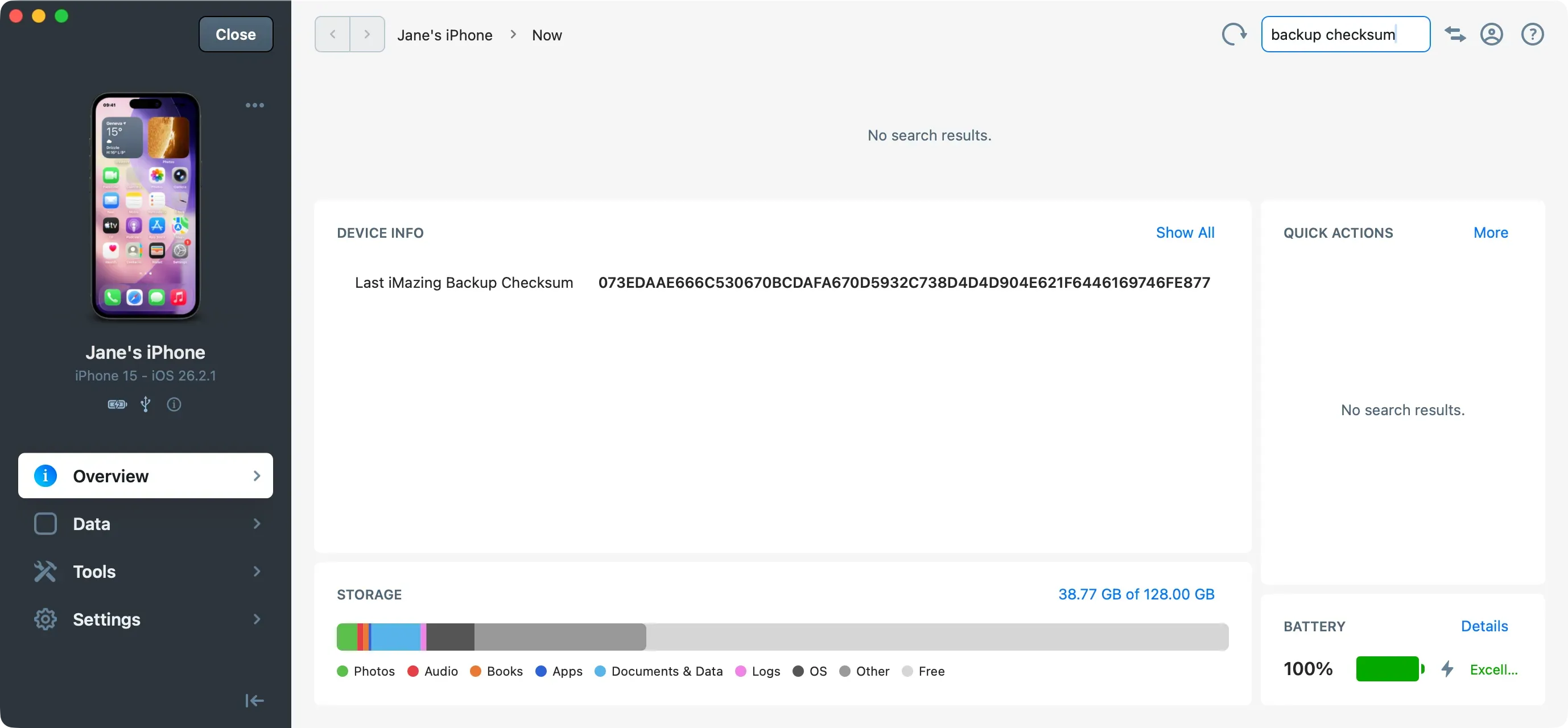 iMazing display backup checksum infos