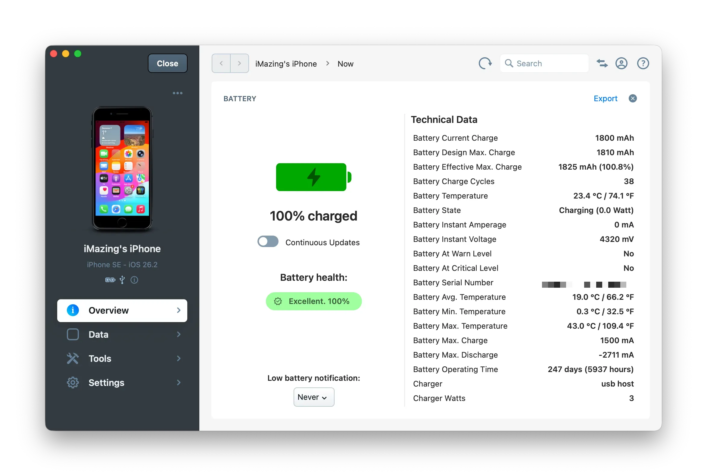 iMazing battery detail view