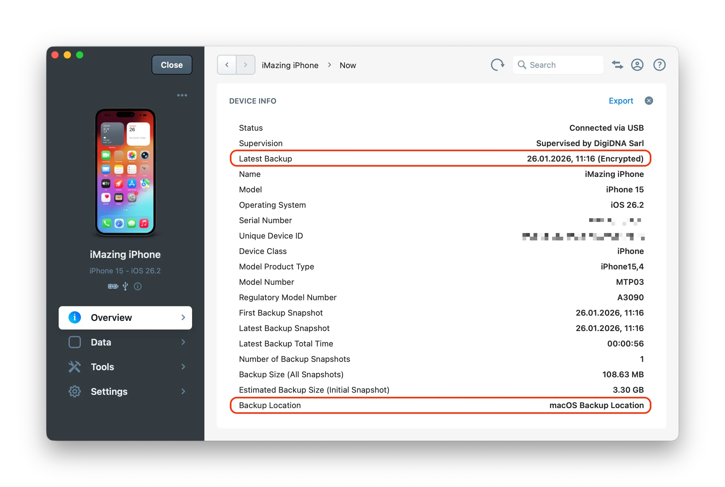 iMazing Device Info screen with backup settings highlighted