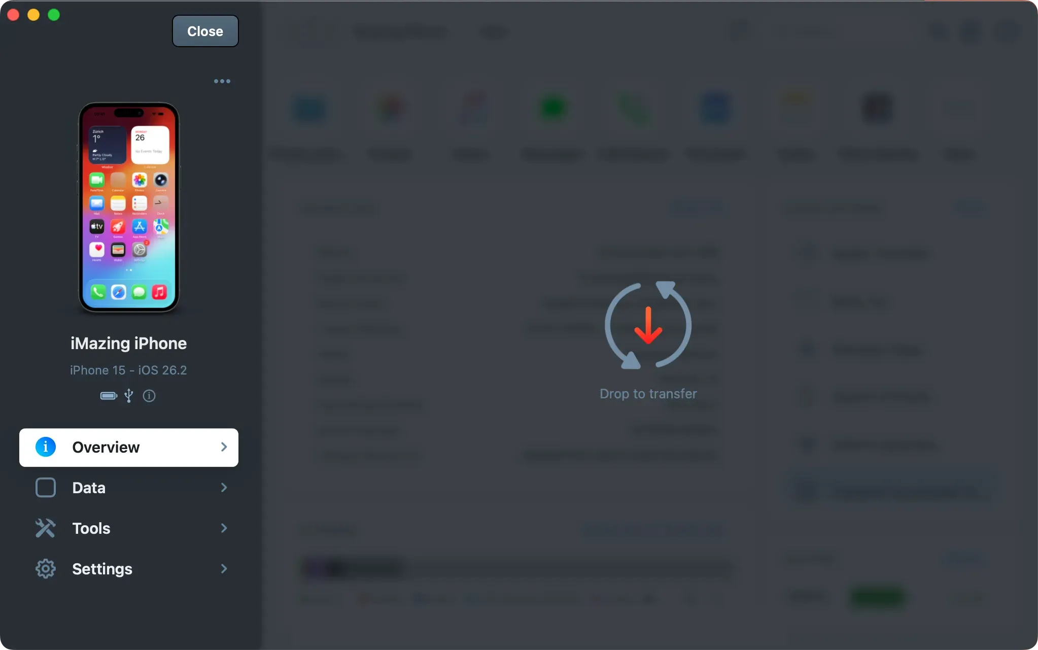 iMazing Drop to Transfer screen