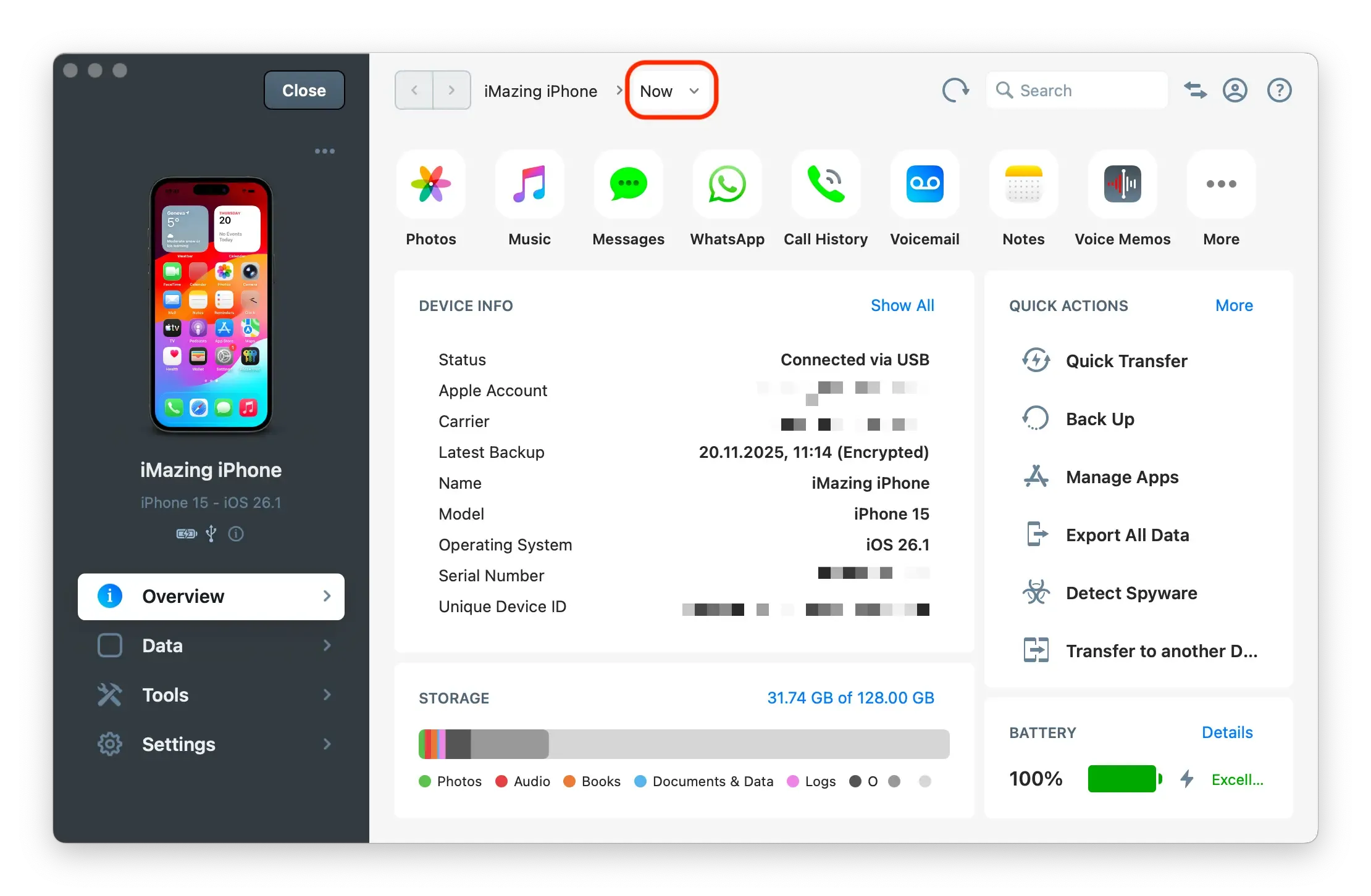iMazing's backup list