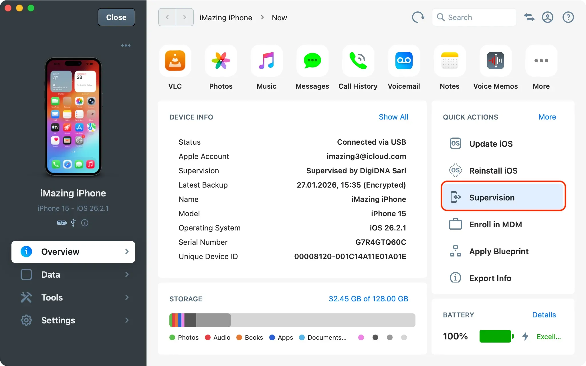 iMazing Main View, Supervision Action Highlighted