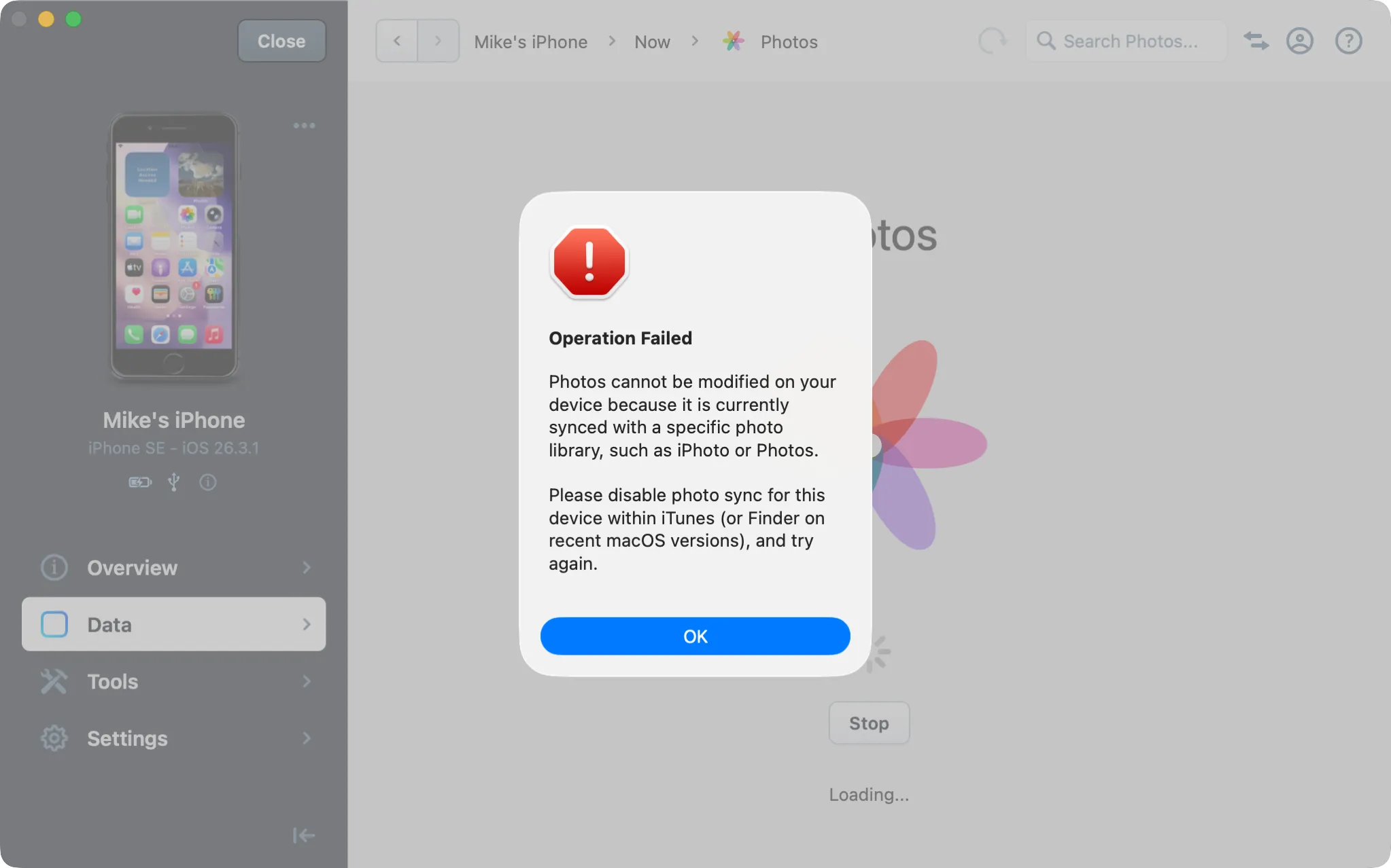 iMazing Photos section, Operation Failed dialog on macOS