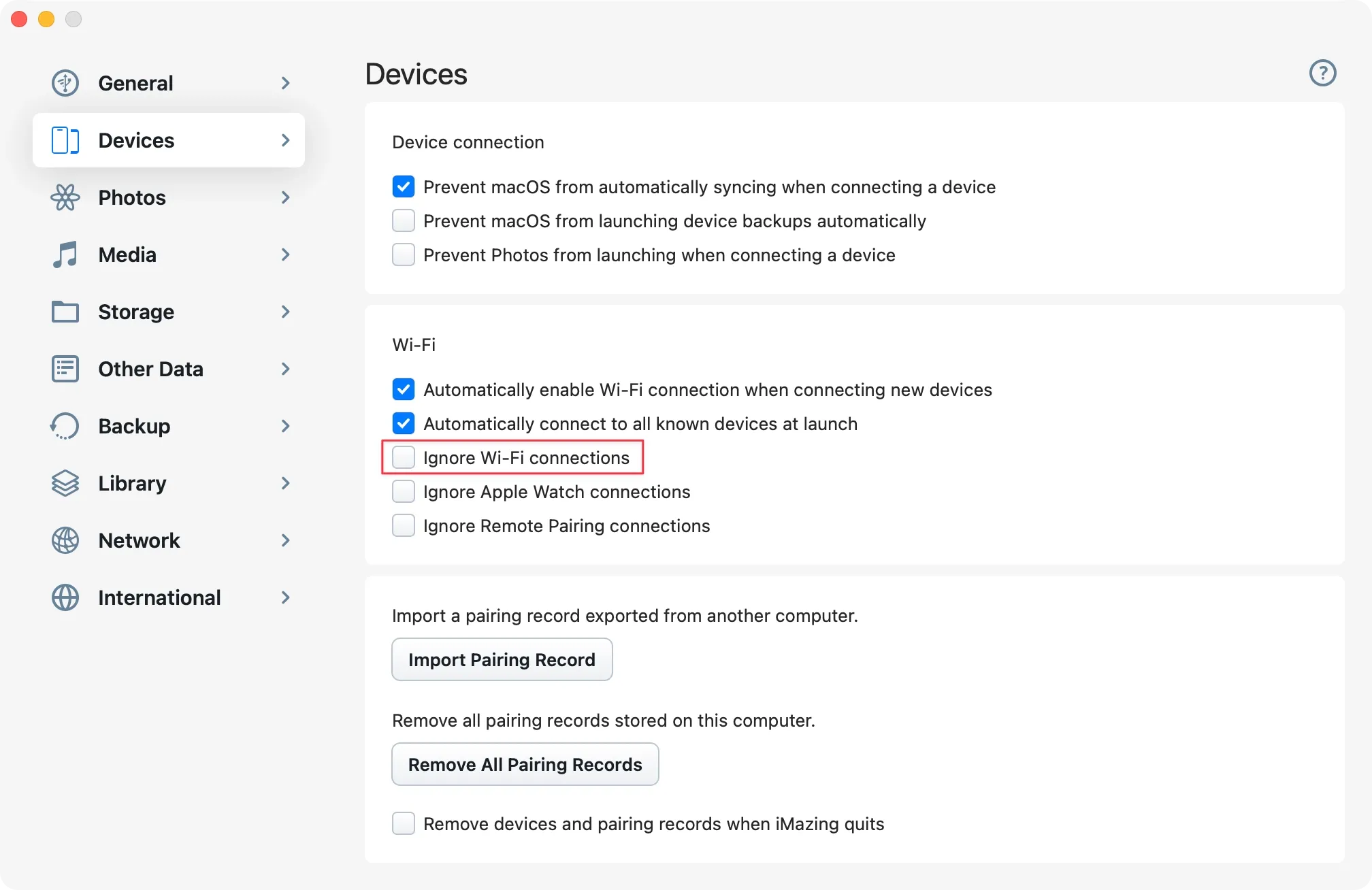 iMazing Preferences, Devices section. Wi-Fi option "Ignore Wi-Fi connections" highlighted, unchecked.