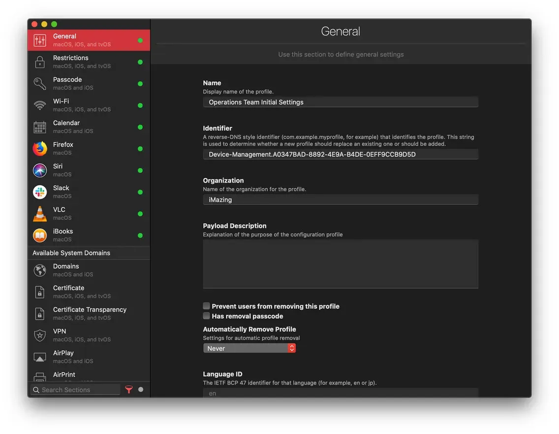 iMazing Profile Editor general preferences page