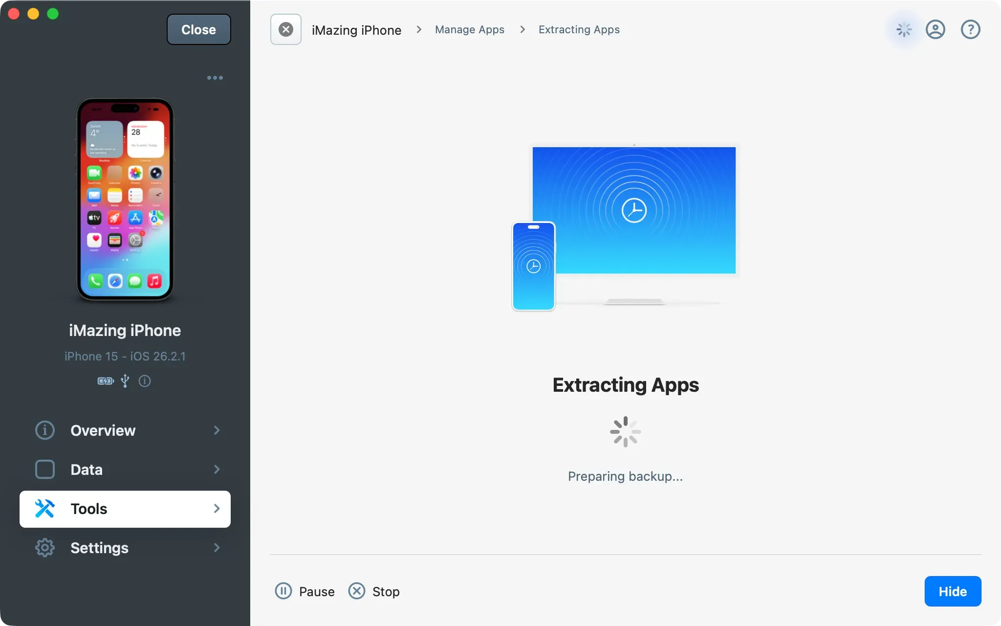 iMazing Extract App Data Progress