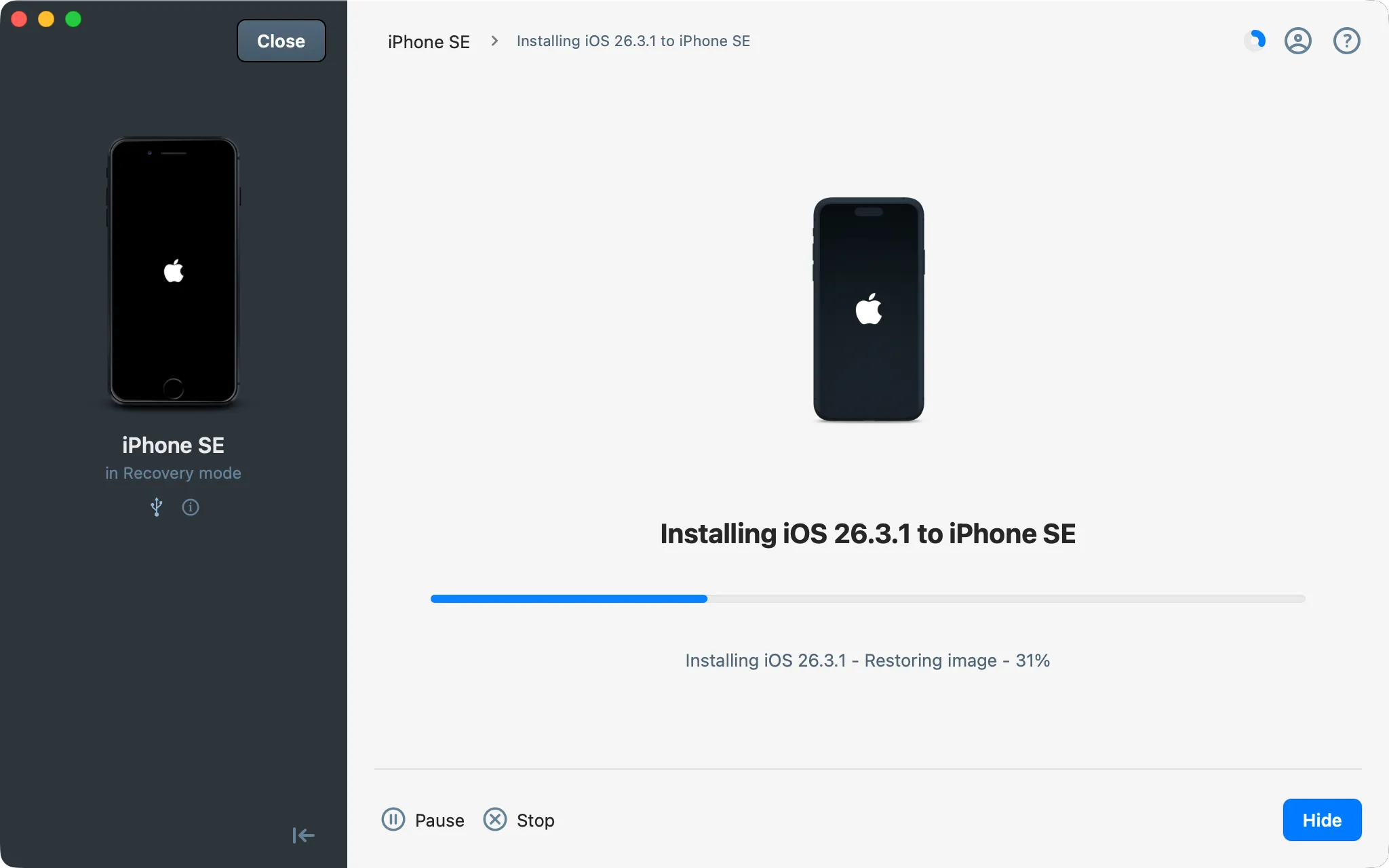 iMazing reinstall screen while restoring iOS