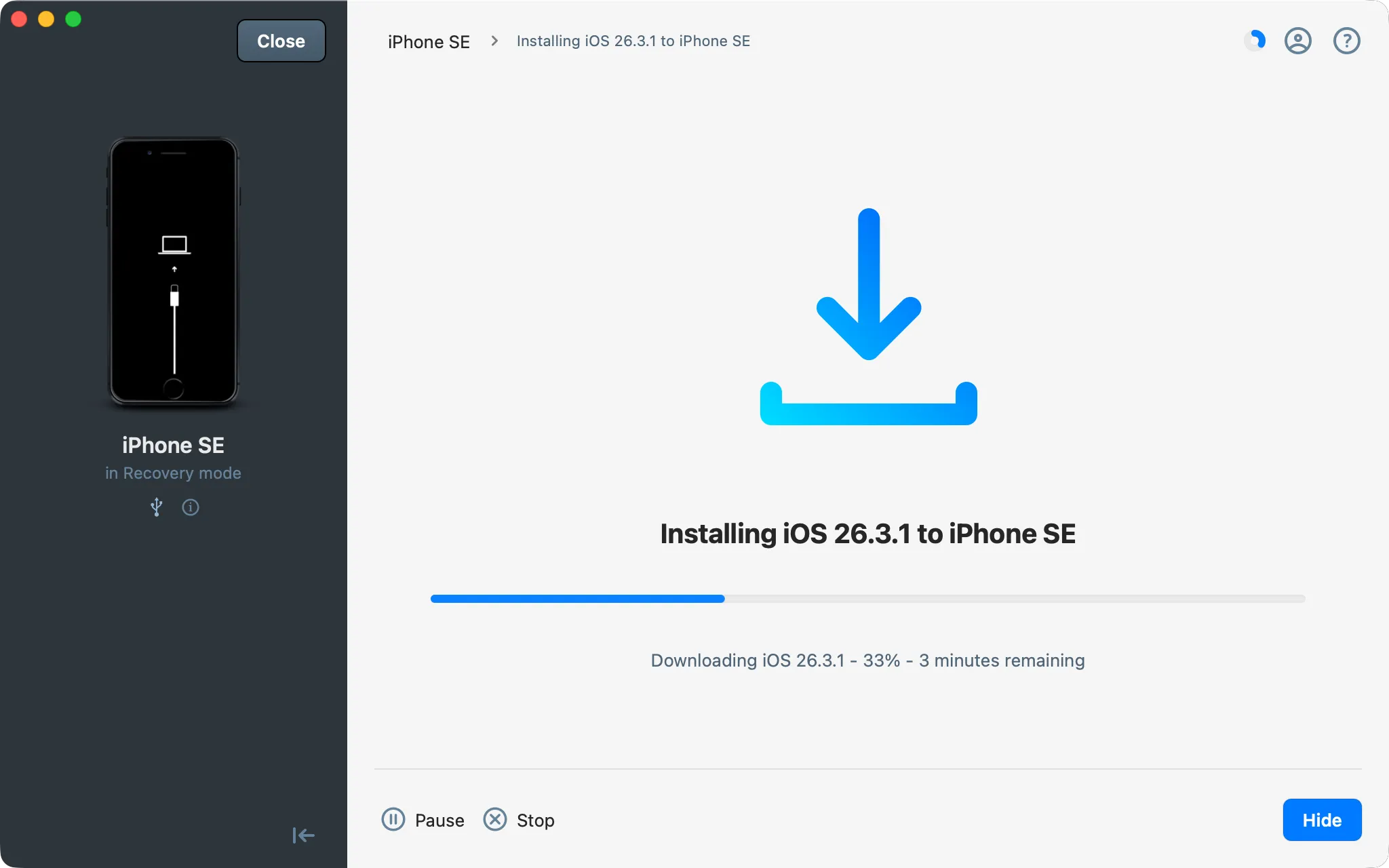 iMazing reinstall screen when iOS is downloading