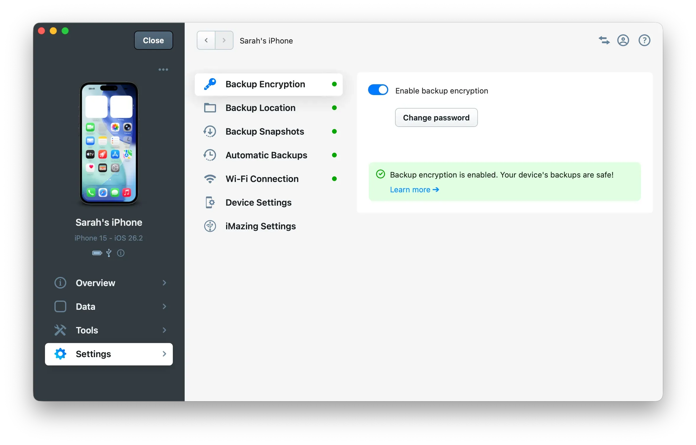 iMazing Device Settings view