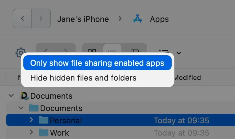 iMazing contextual menu with "Only show file sharing enabled apps" selected