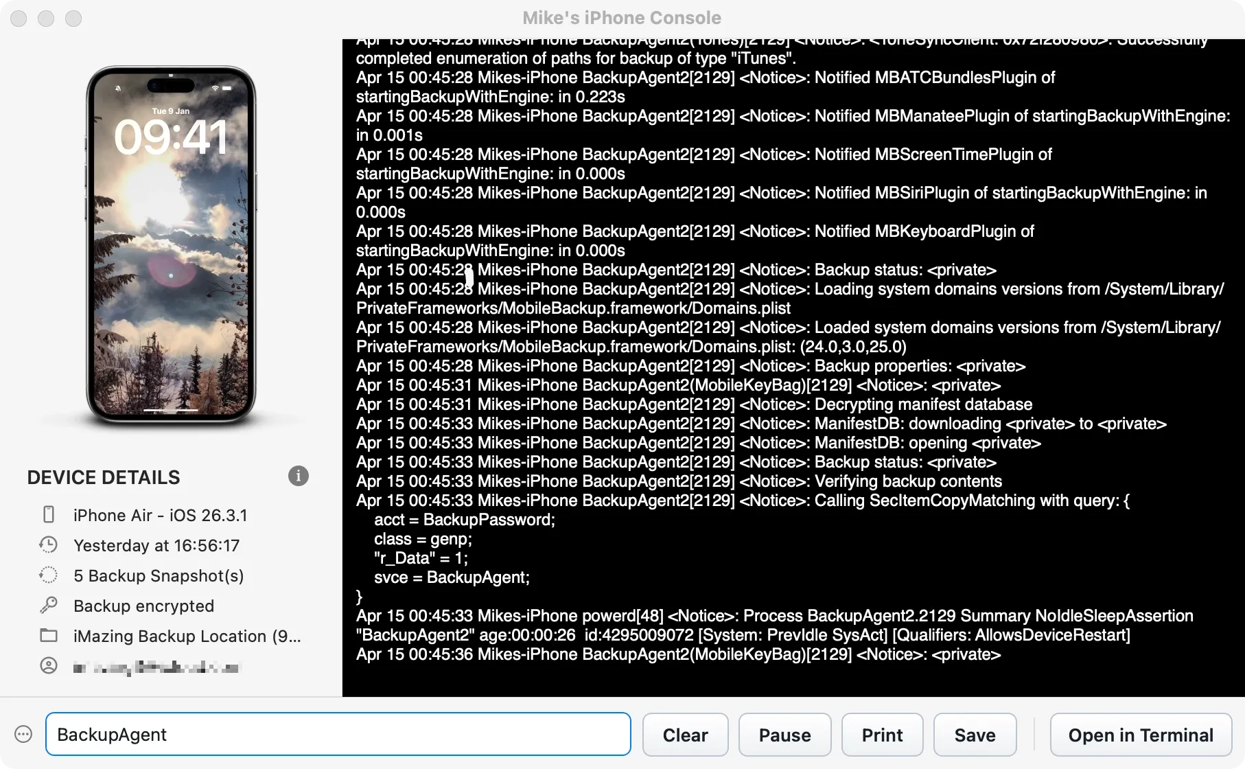 iMazing Device Console showing BackupAgent process logs filtered in the search field. 