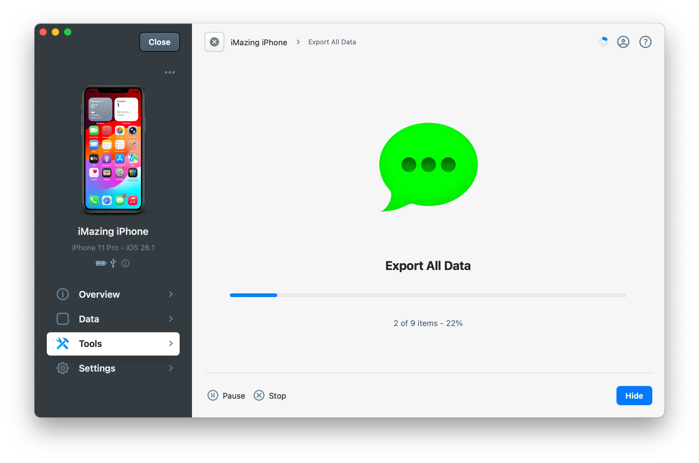 iMazing Export All Data progress screen