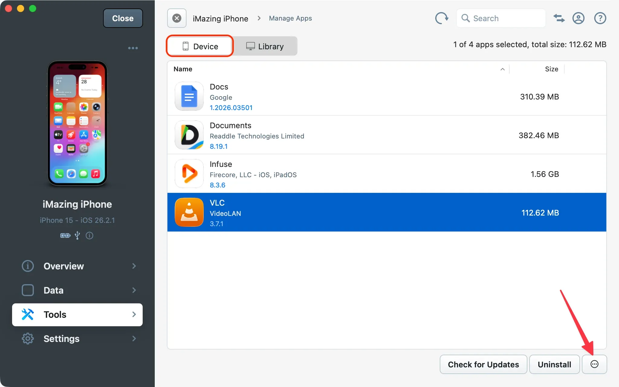 iMazing Manage Apps Screen, Device Tab, WhatsApp Selected