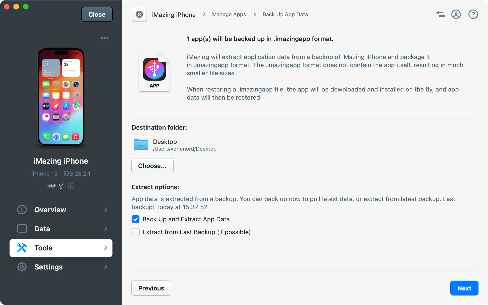 iMazing Extract App Data Screen
