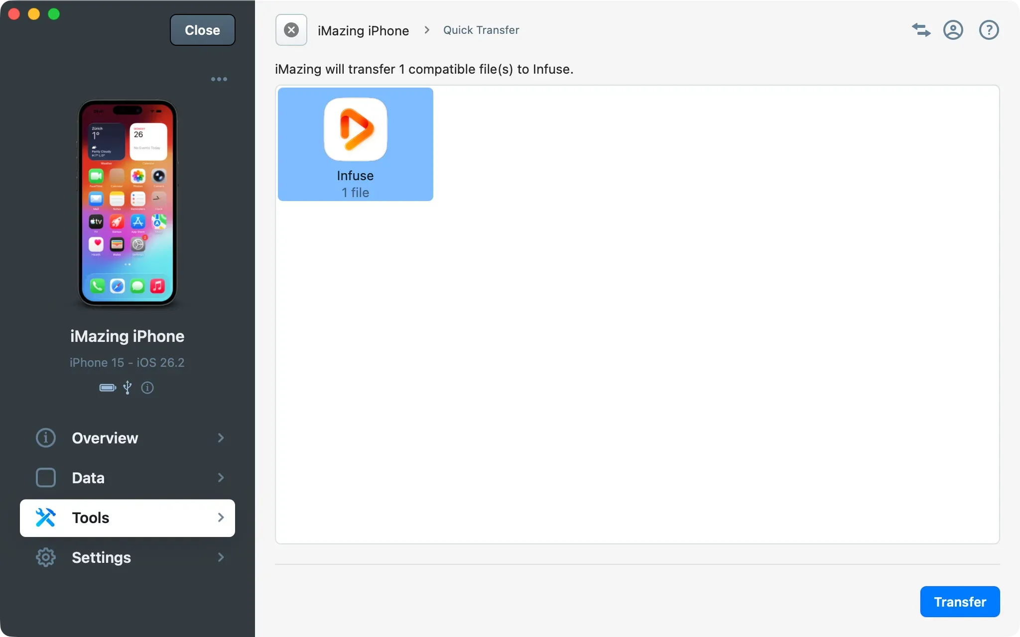 iMazing Quick Transfer screen