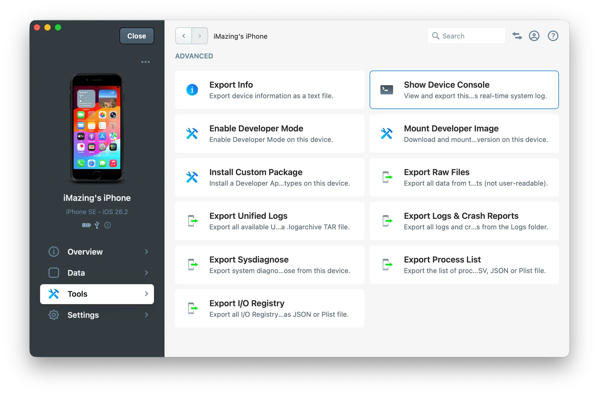 iMazing Tools view with Show Device Consol highlighted