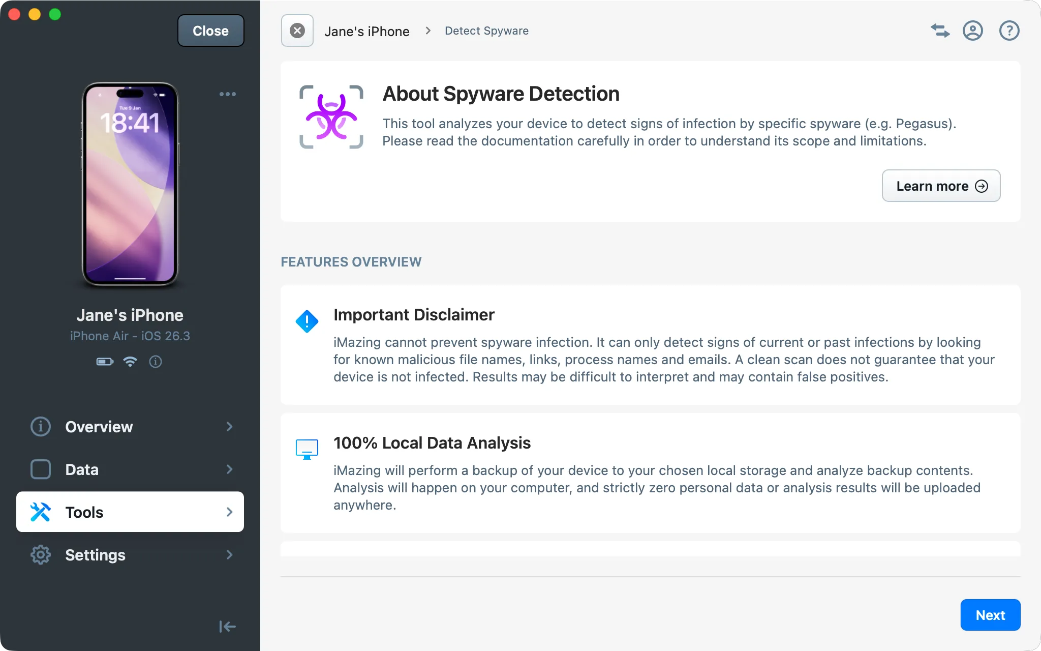 iMazing Spyware wizard explaining what is it about