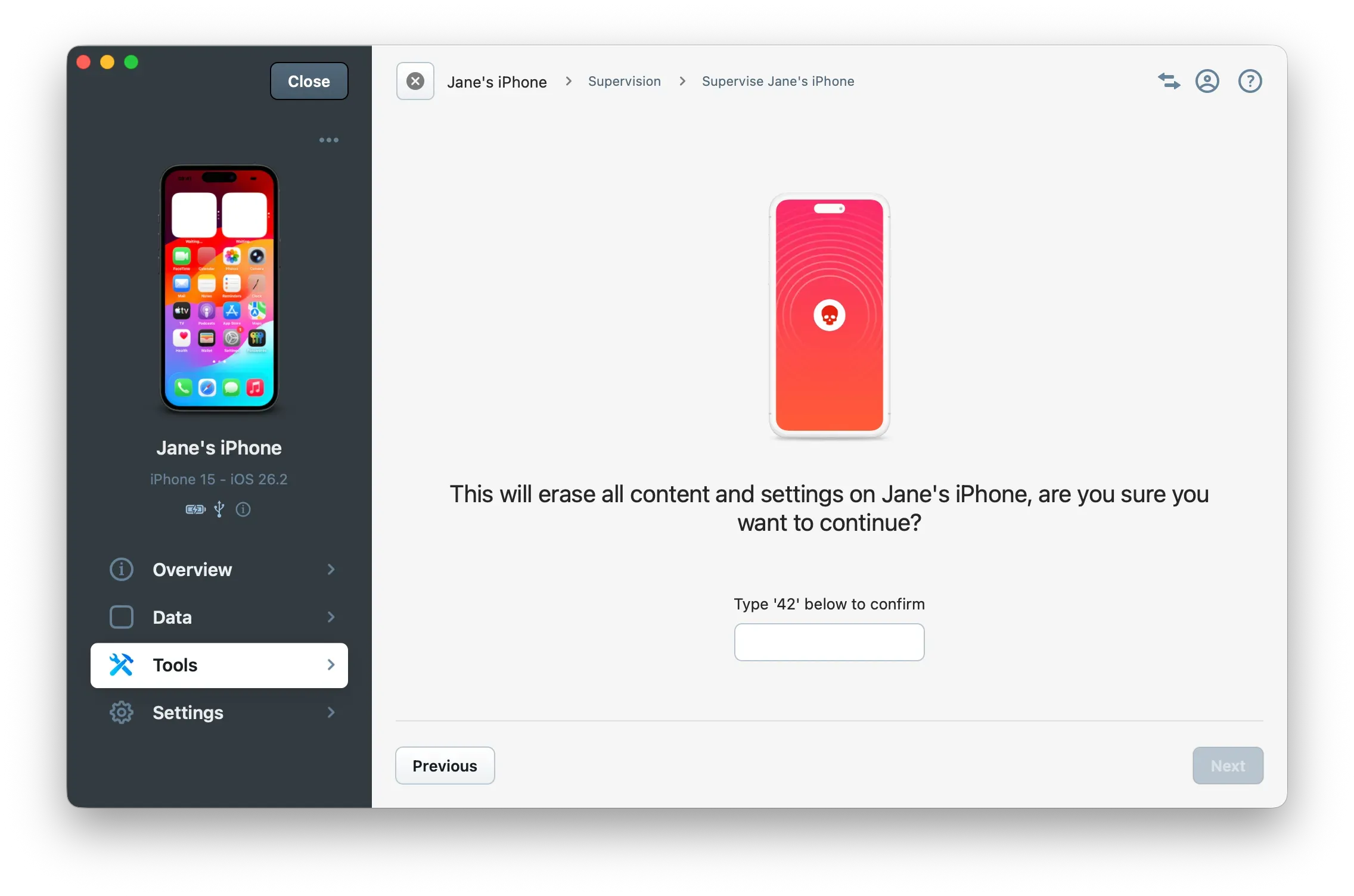 iMazing Supervision - confirm erase device