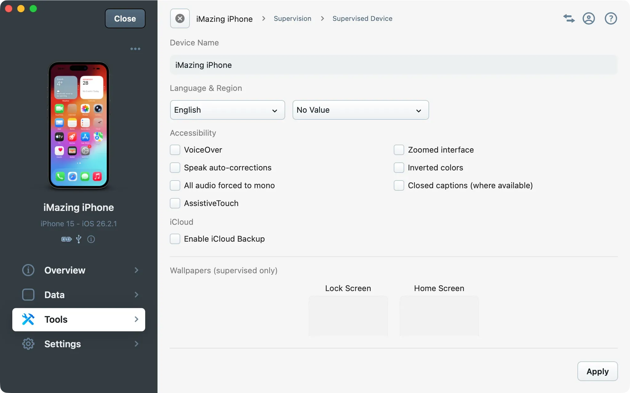 iMazing Supervised Settings Screen, Default Options