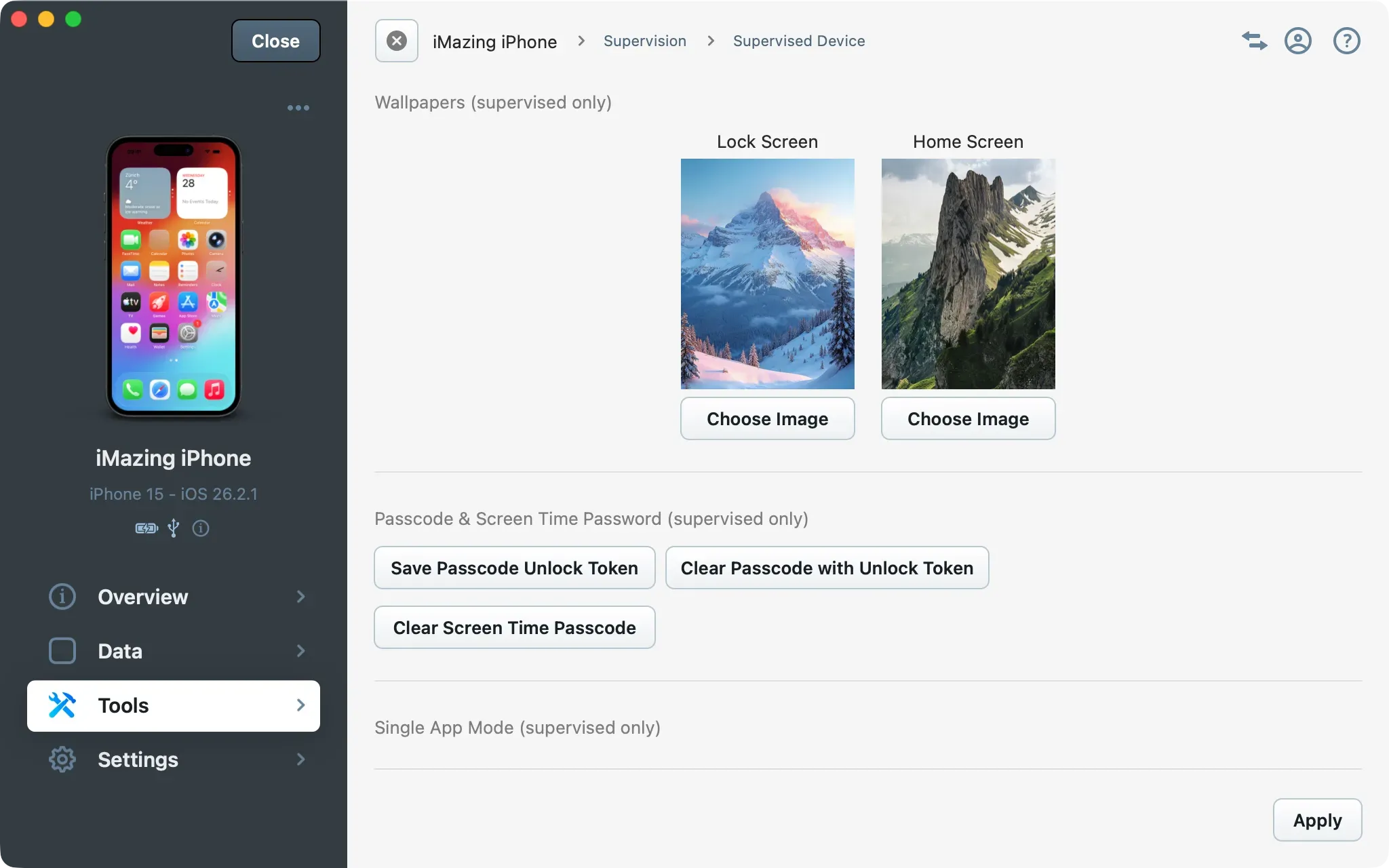 iMazing Supervised Settings Screen, Wallpapers Configured