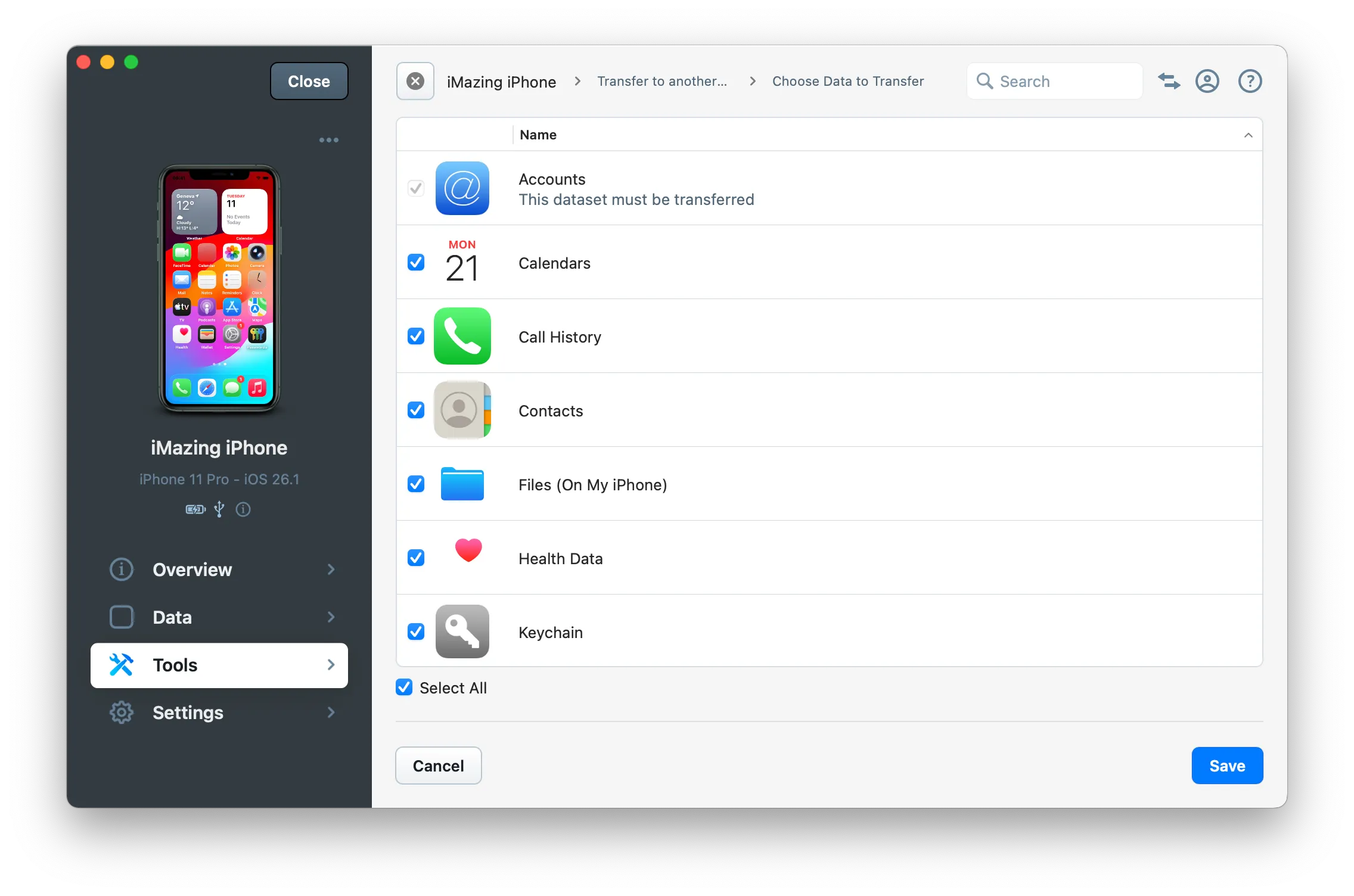 choose data to transfer