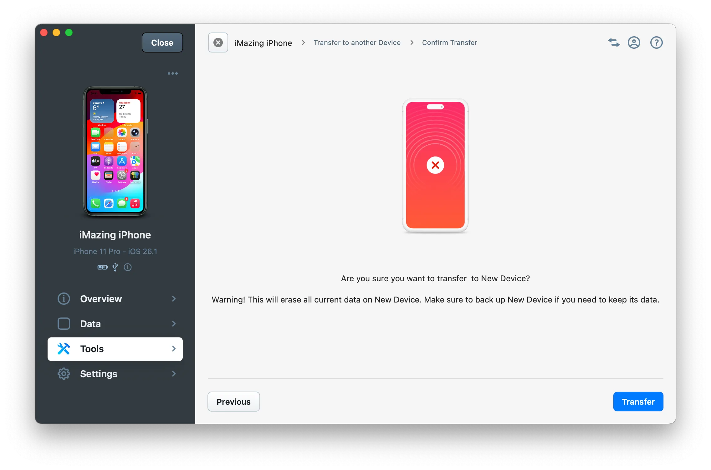 Transfer Wizard - confirm erase