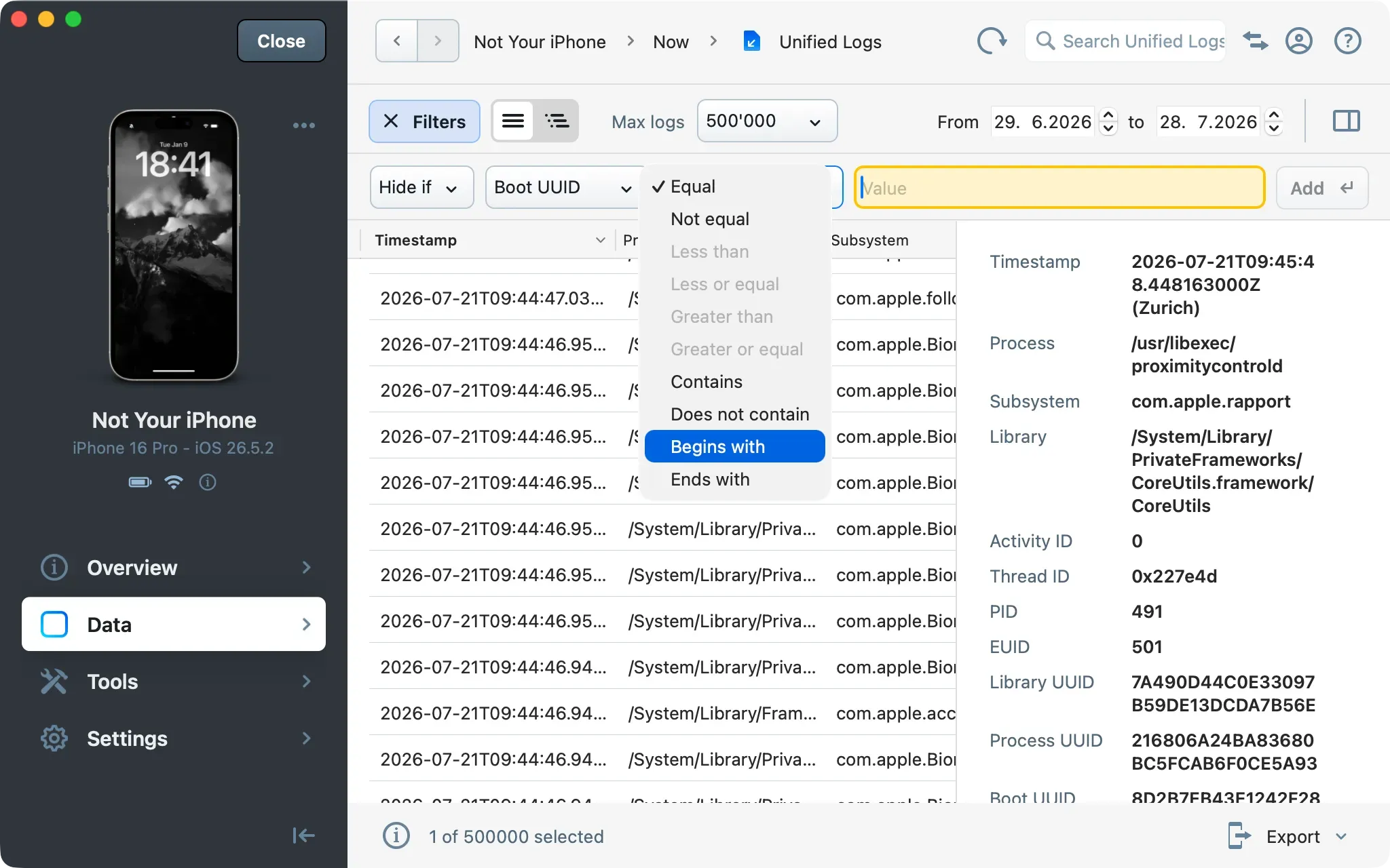 iMazing new Unified Logs dataset showing active filters