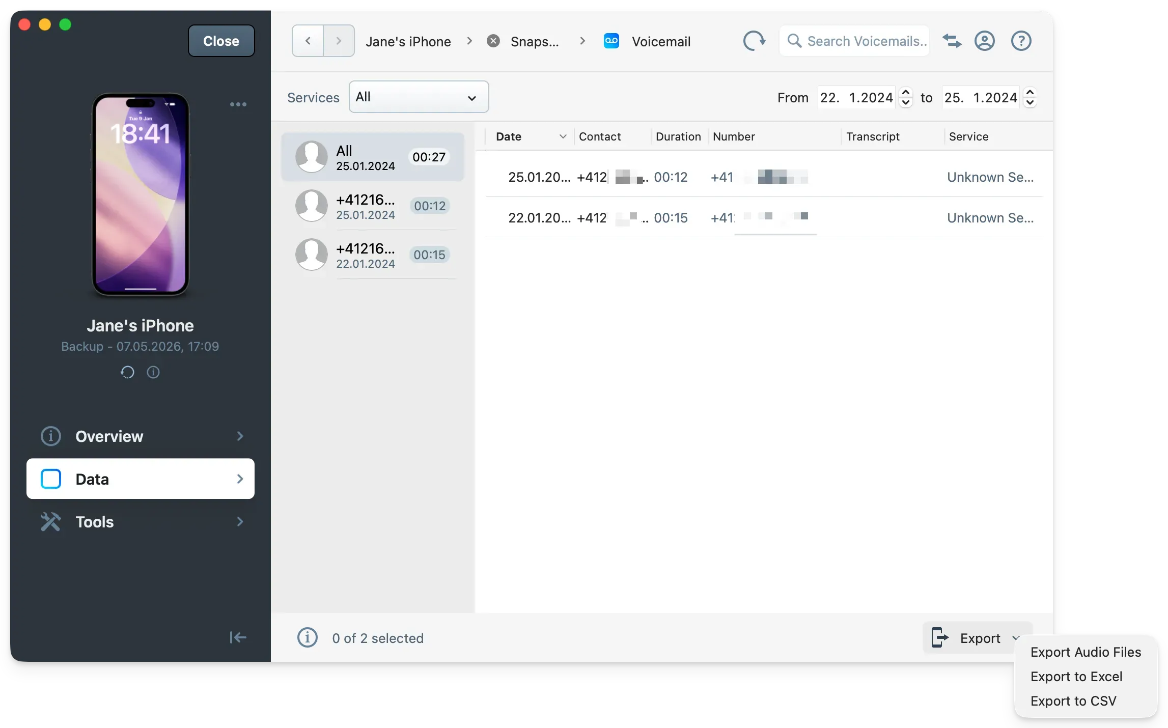 iMazing visual voicemail with export options