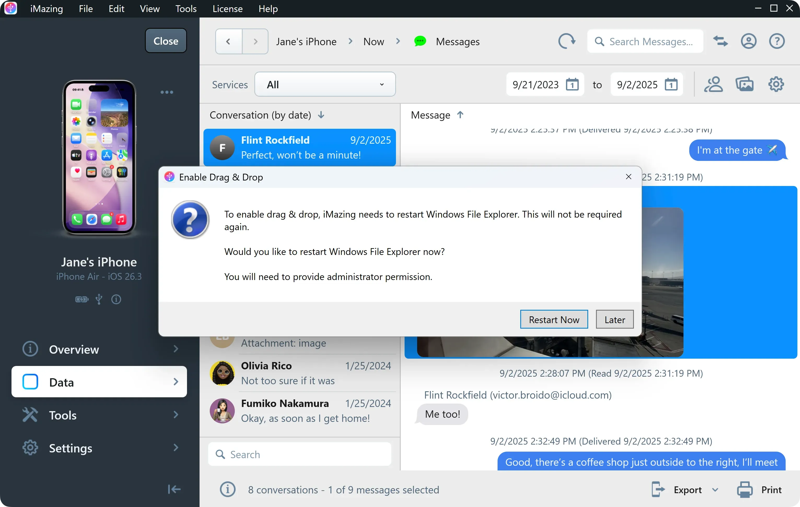  iMazing for Windows — "Enable Drag & Drop" dialog prompting to restart Windows File Explorer, with Restart Now and Later buttons.