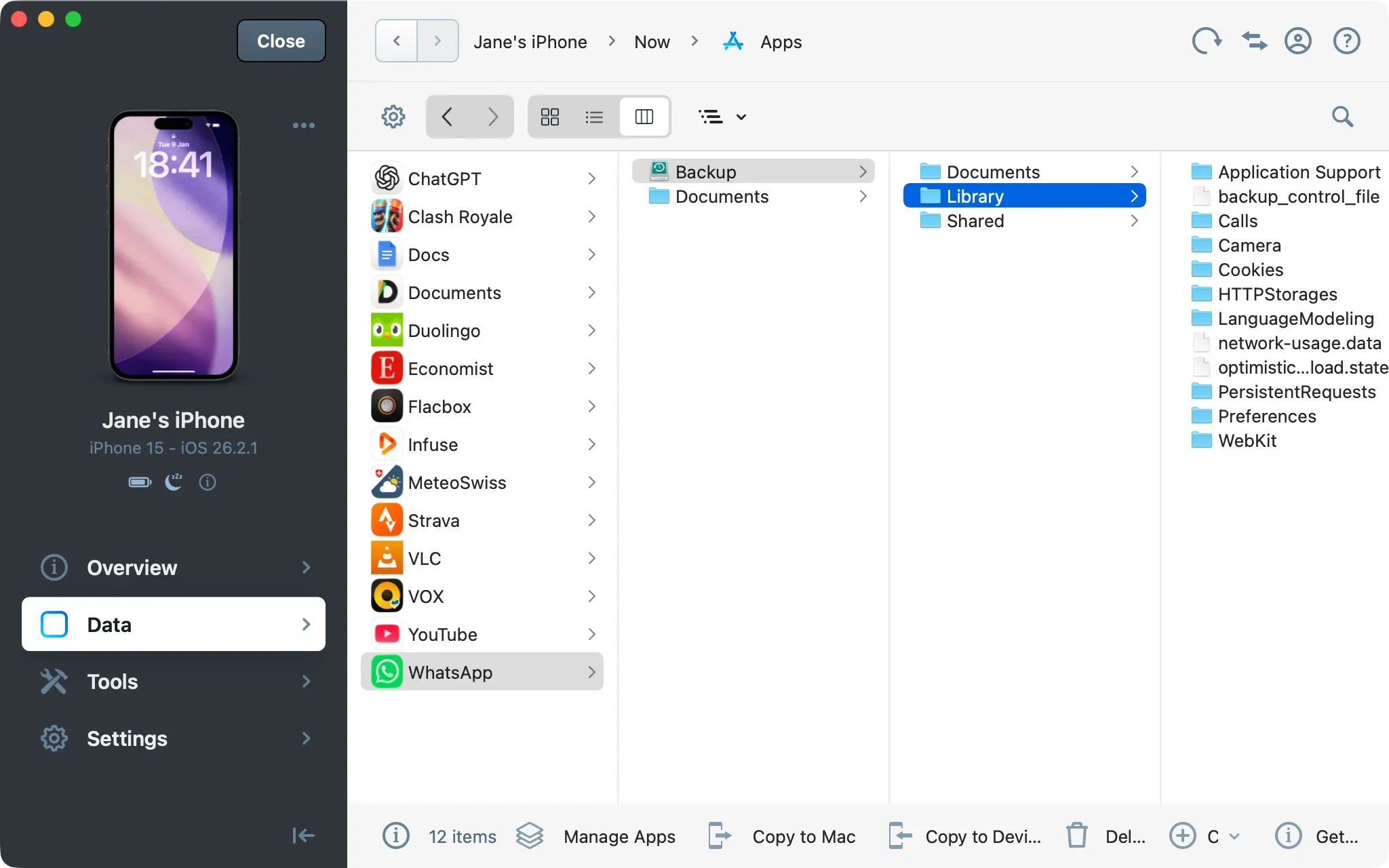 iMazing Apps view showing WhatsApp selected with Library folder contents in the file browser columns
