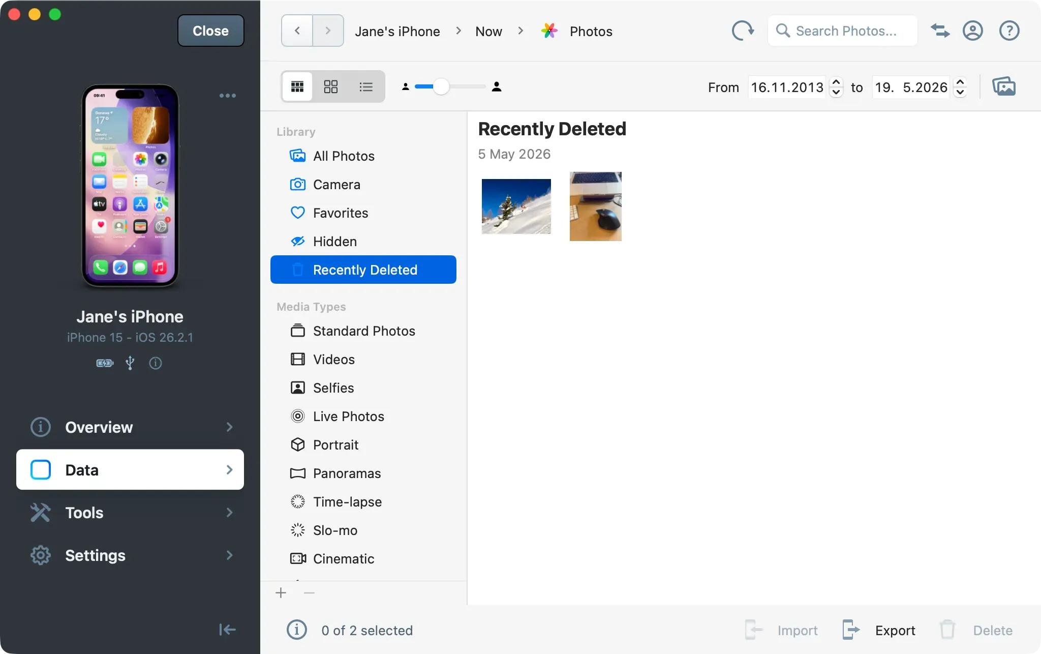 iMazing Photos section with Recently Deleted album selected, showing two photos and media type filters