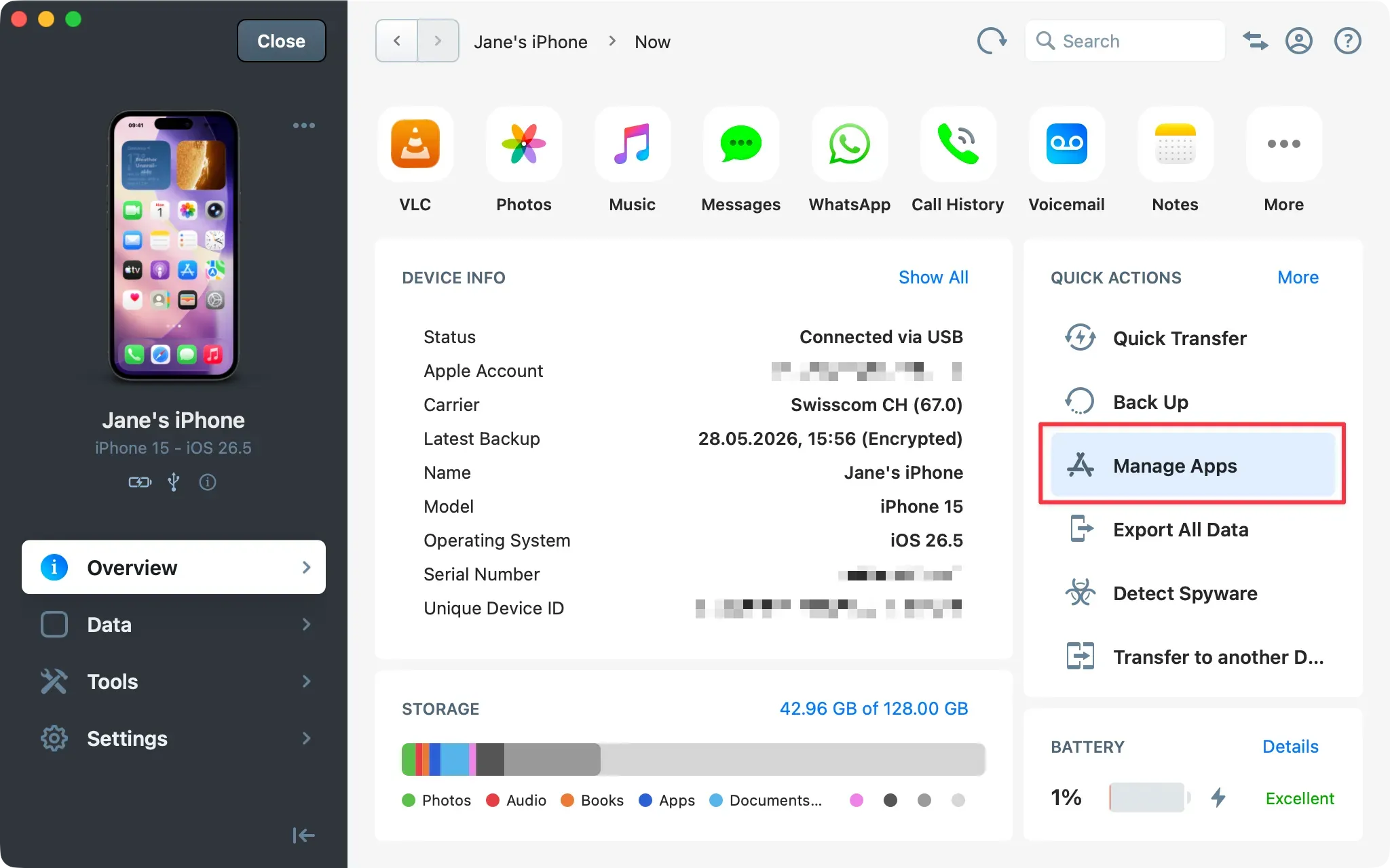 iMazing Device Screen, Overview tab, with Manage Apps highlighted in the Quick Actions panel
