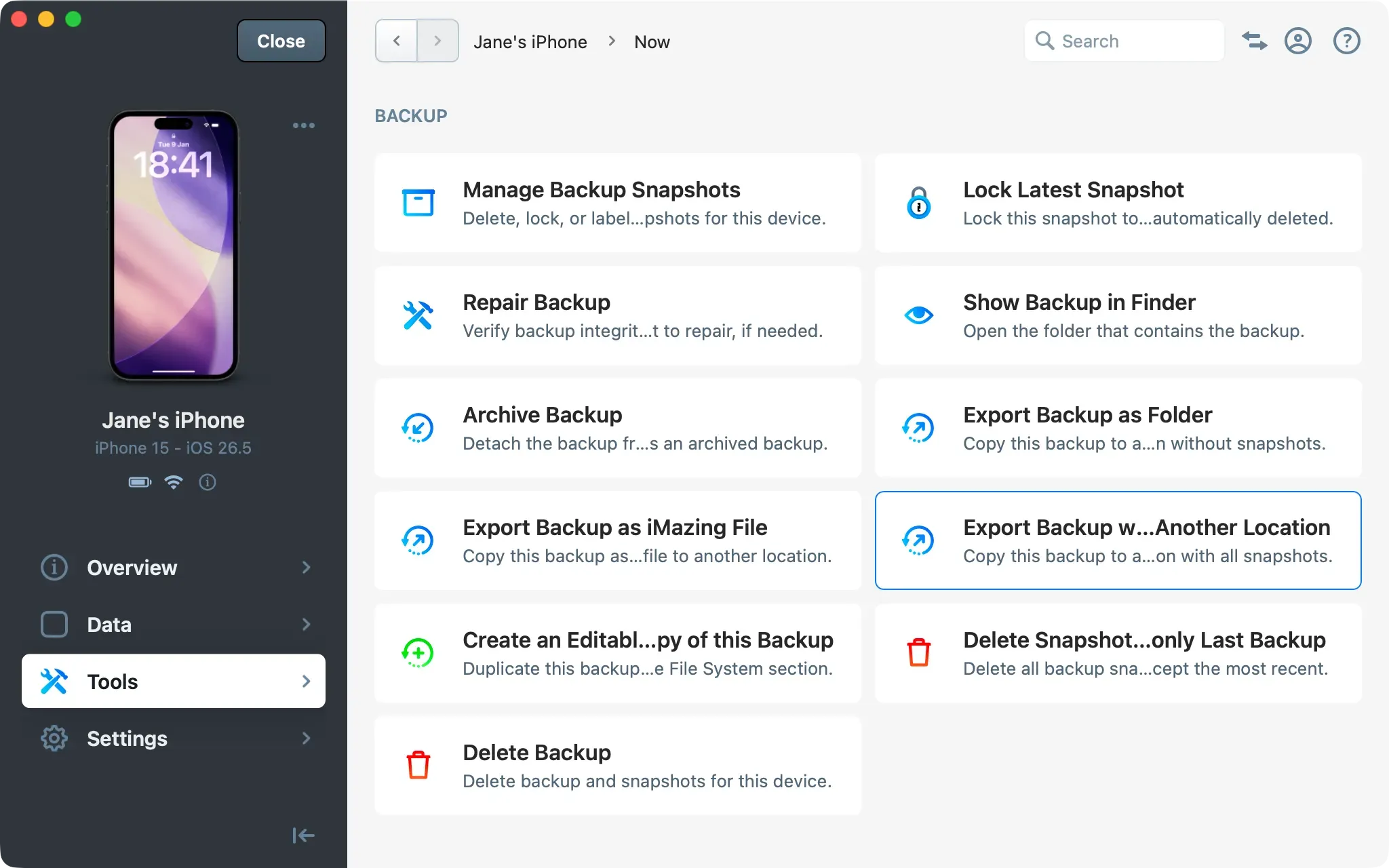 iMazing Tools Backup section with the Export Backup with All Snapshots to Another Location action selected