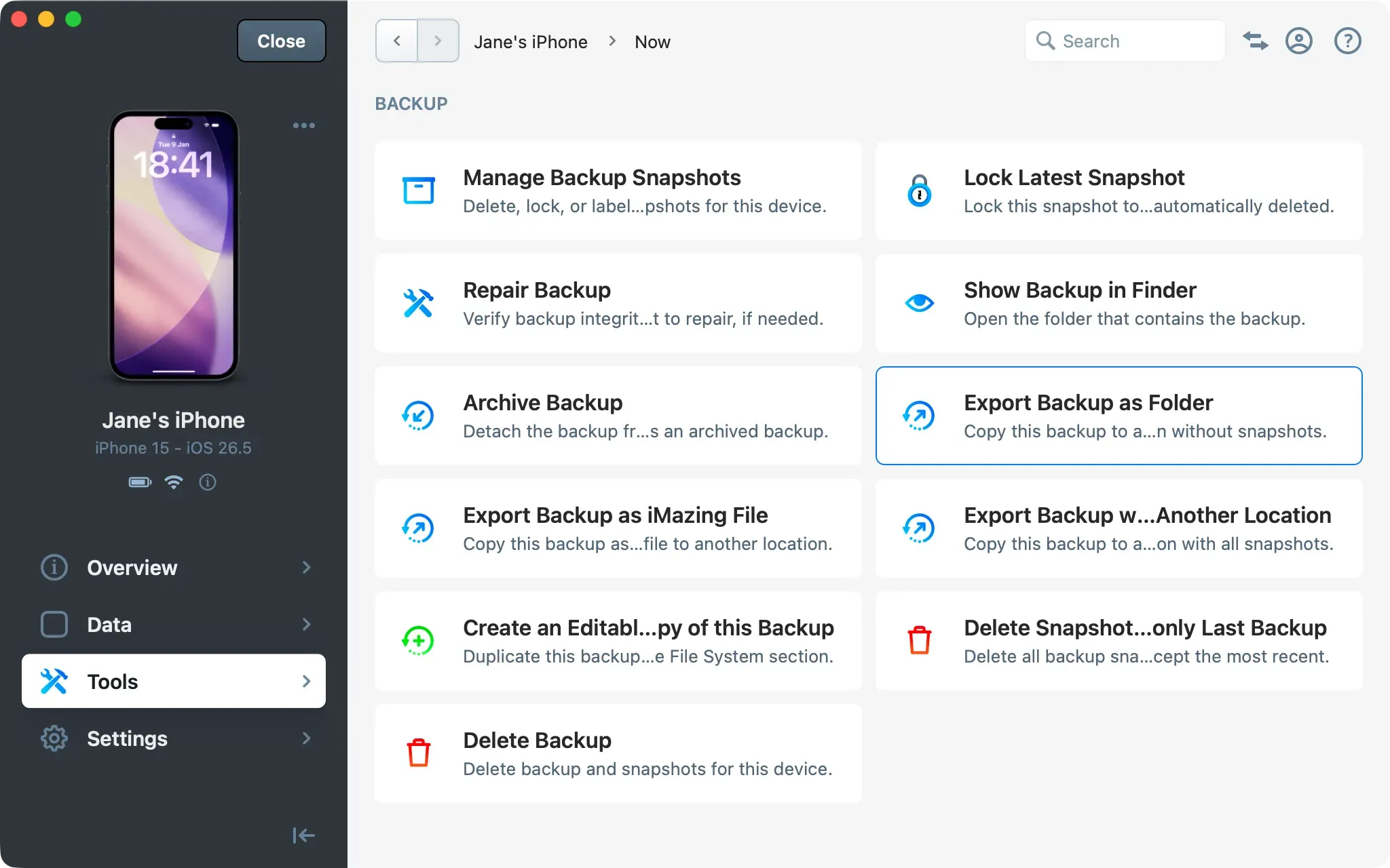 Backup management grid in iMazing with Export Backup as Folder selected