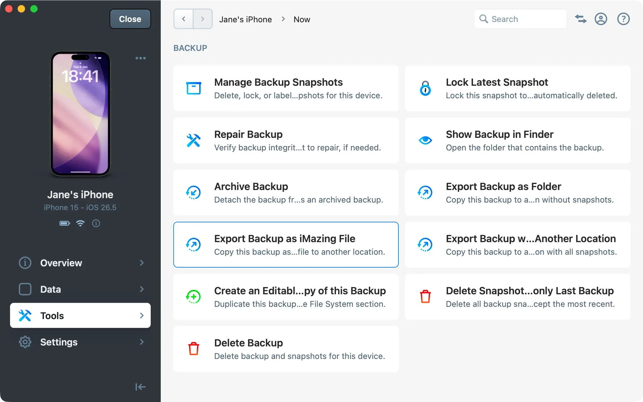 iMazing Tools Backup section with the Export Backup as iMazing File action selected