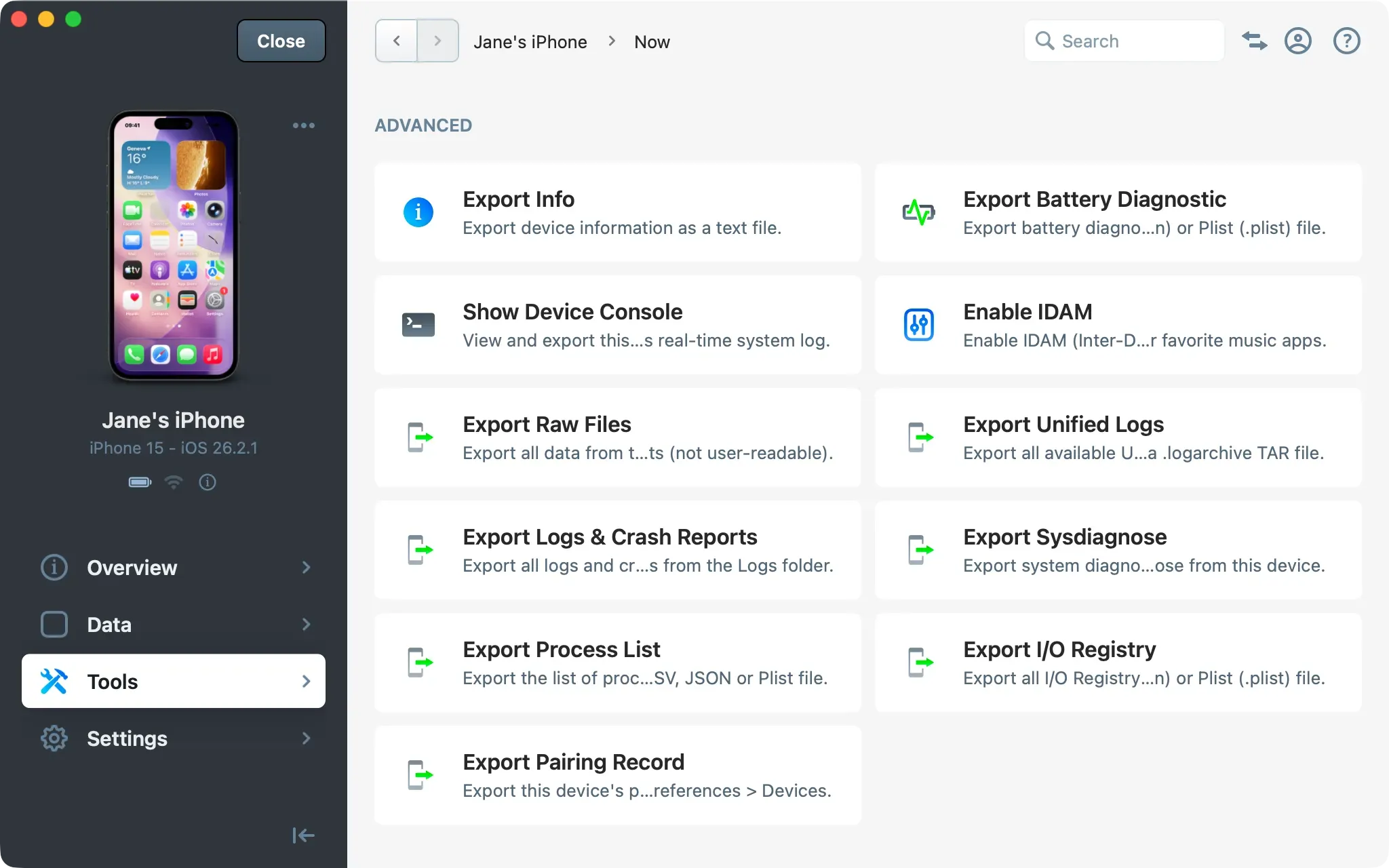 iMazing device Tools view - Advanced section