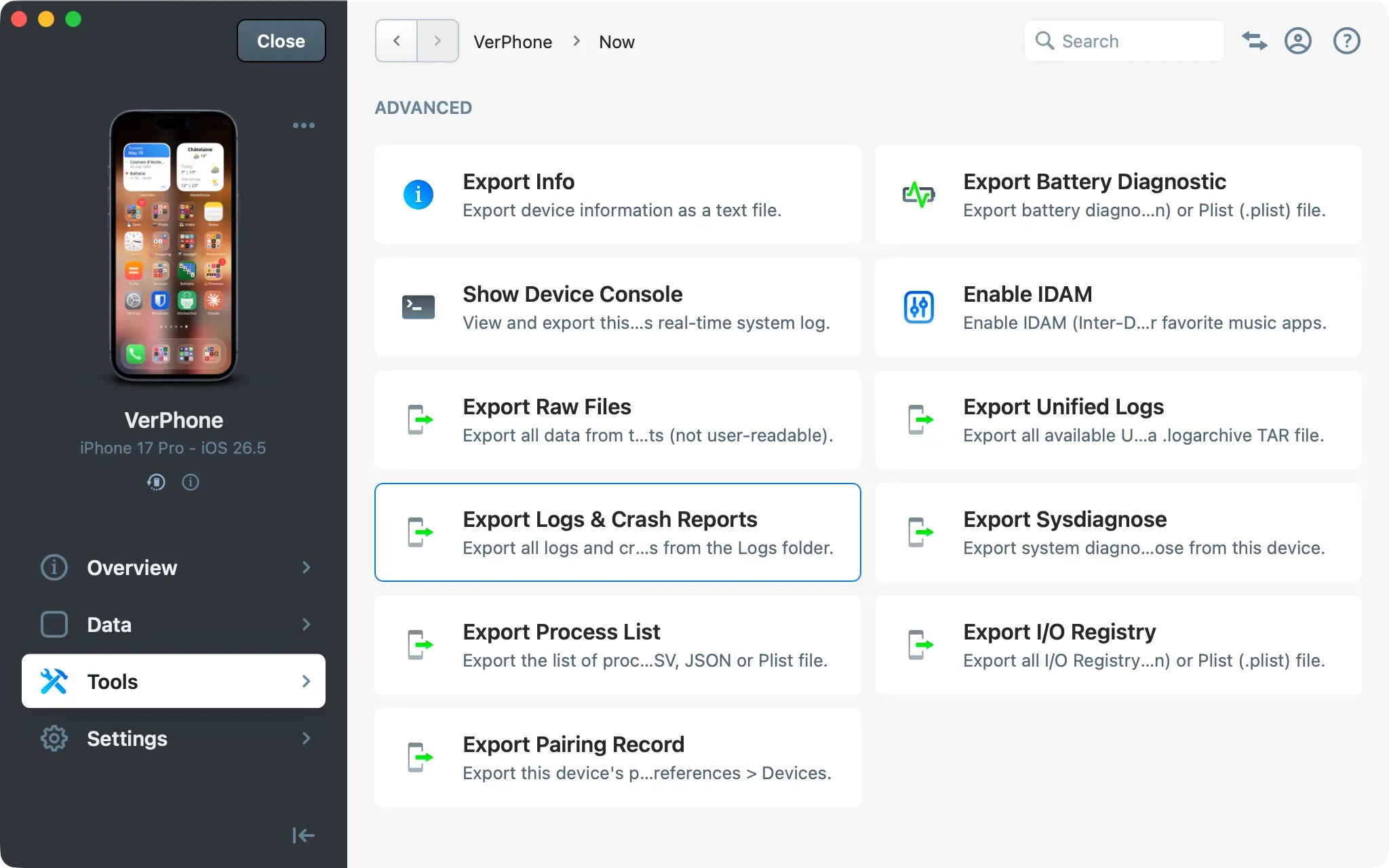 iMazing Tools section showing advanced export options with Export Logs & Crash Reports selected