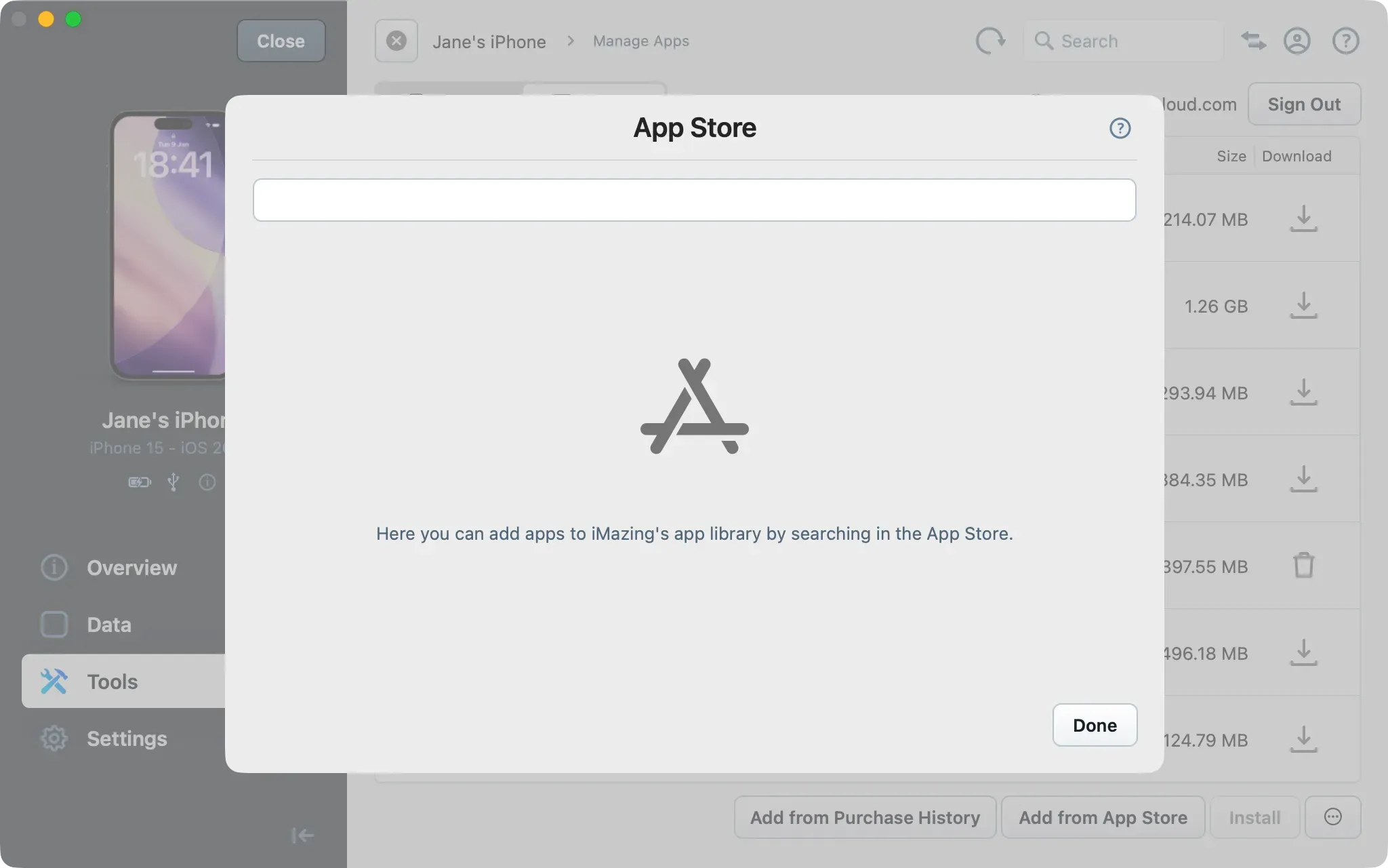 iMazing Manage Apps view with download from app store overlay open