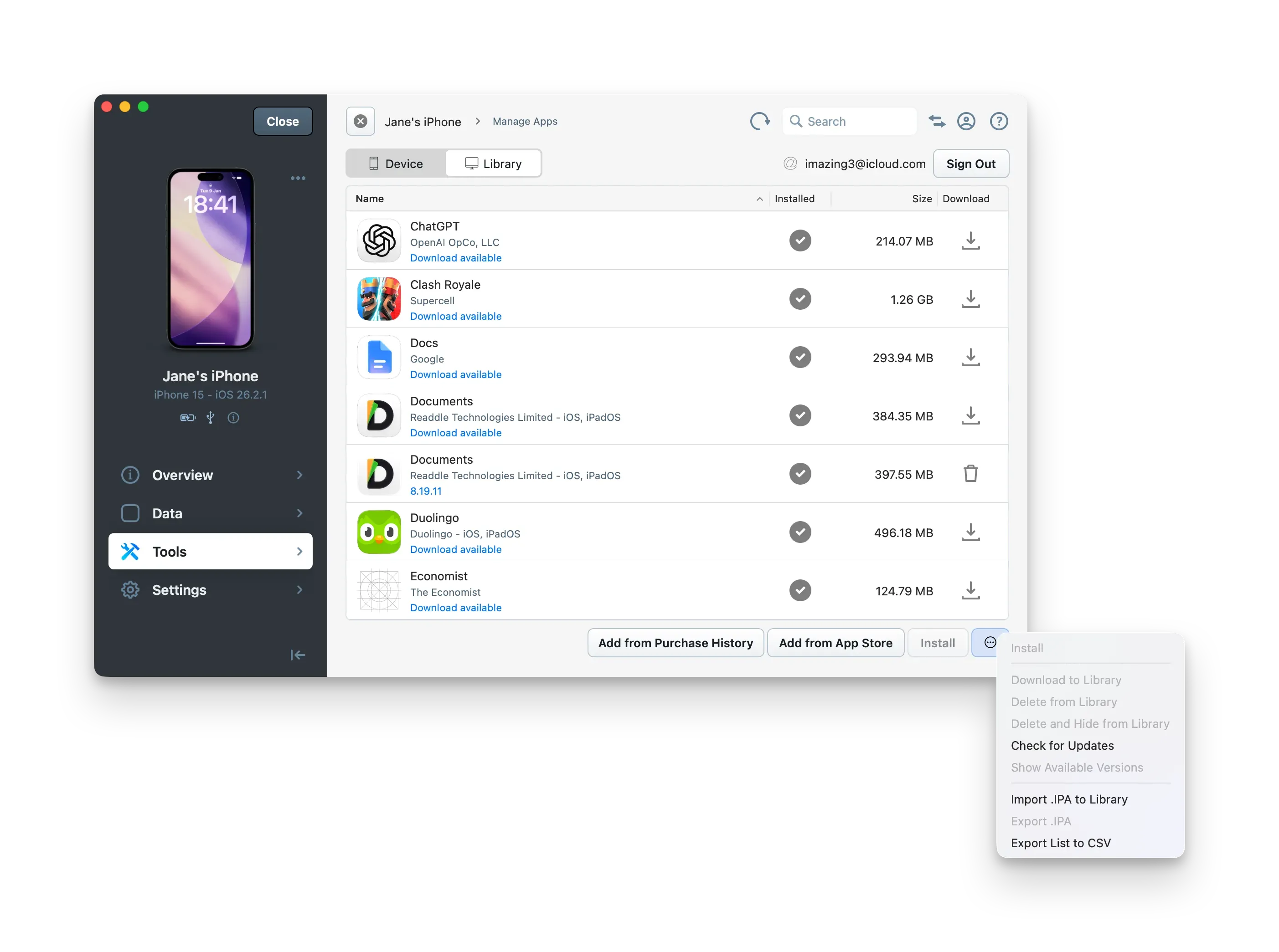 iMazing Manage Apps with open menu showing Update Apps