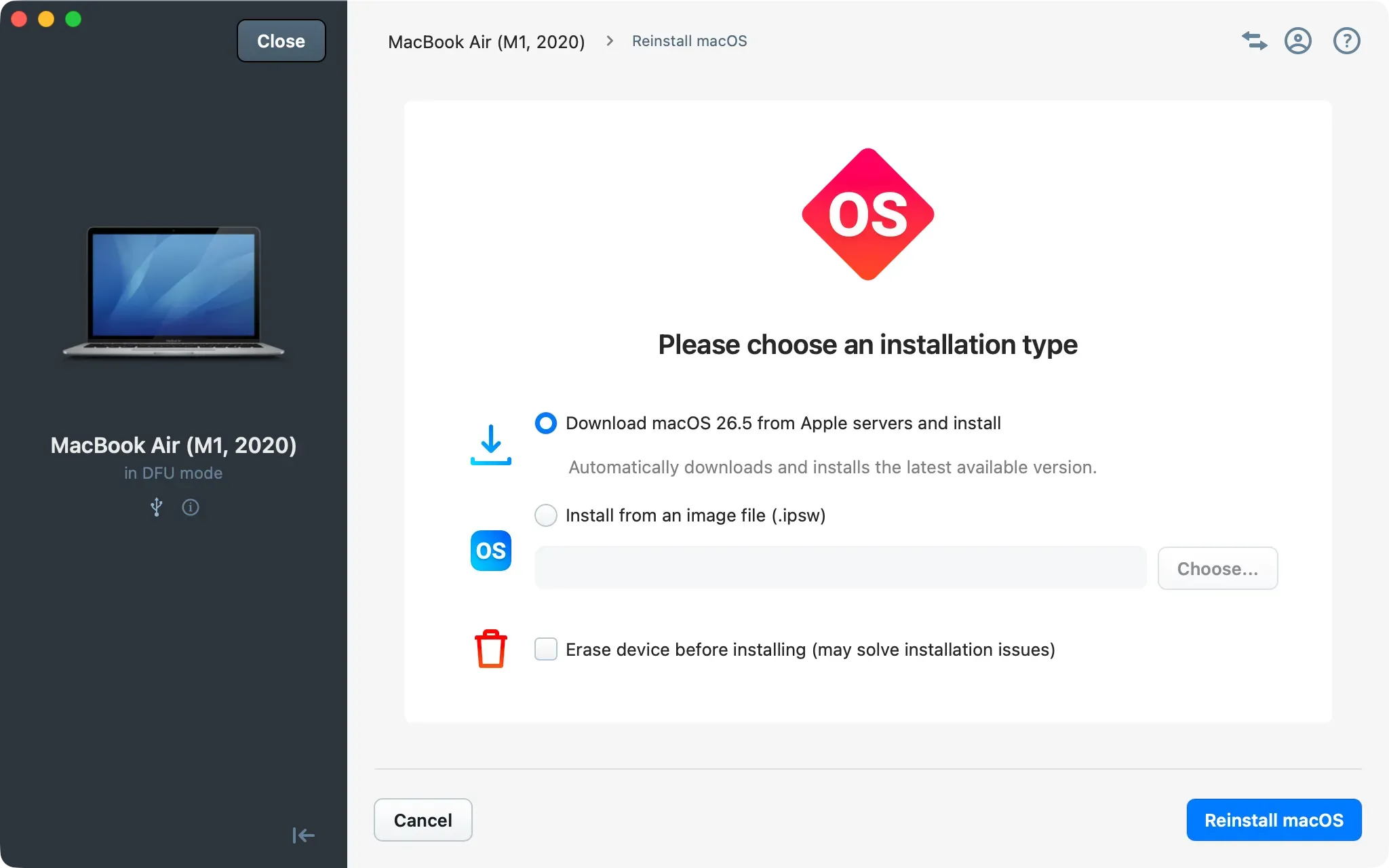 iMazing Reinstall macOS screen with installation type options: download from Apple servers or install from an .ipsw image file