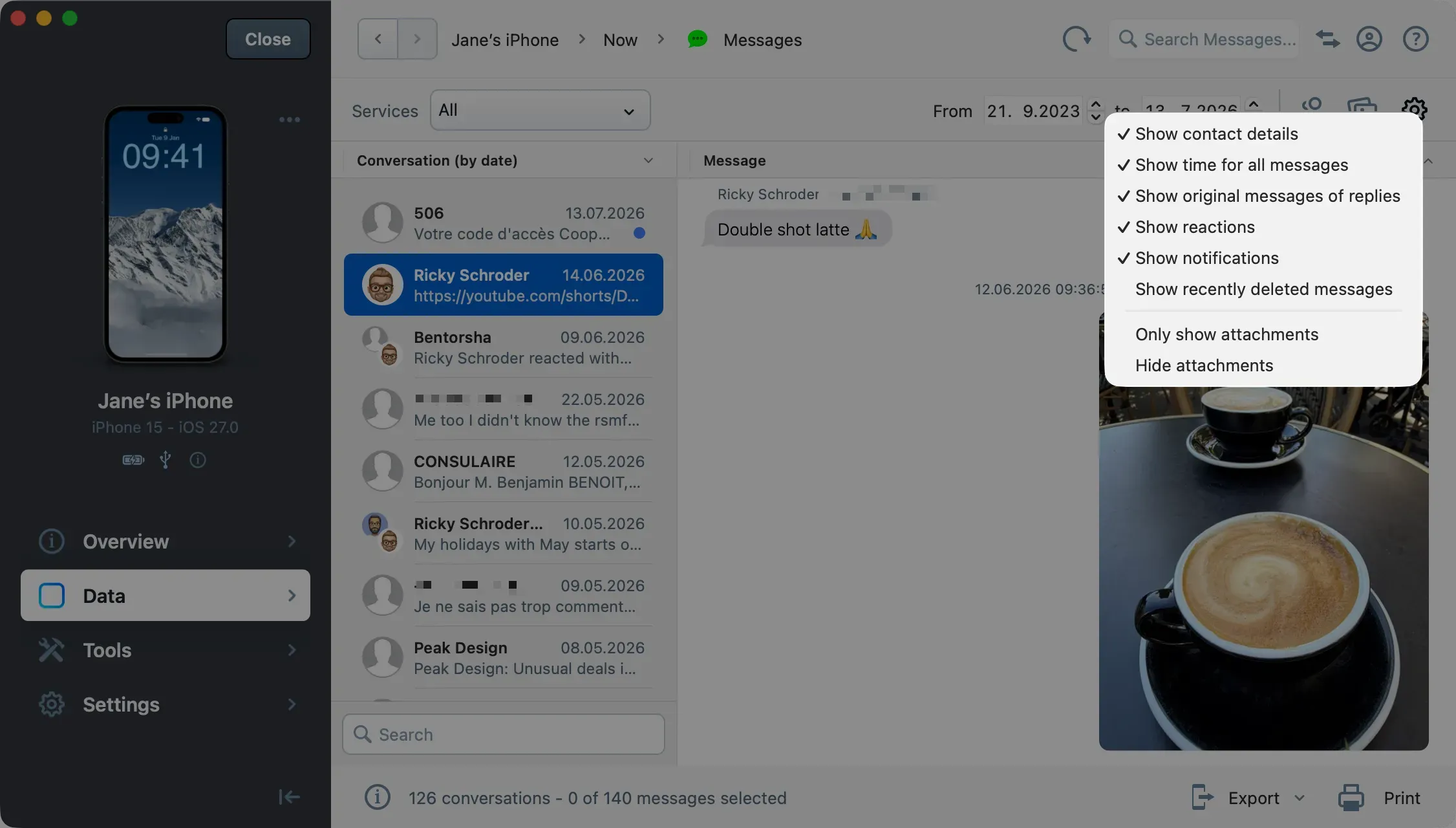 Gear menu expanded in iMazing Messages, listing eight display options with five checked and three unchecked
