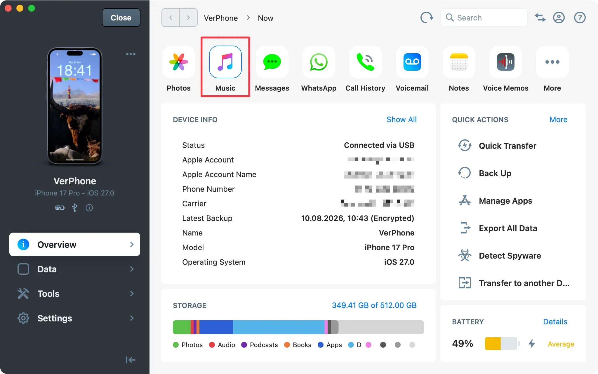 iMazing Device Screen Overview with Music shortcut highlighted at the top